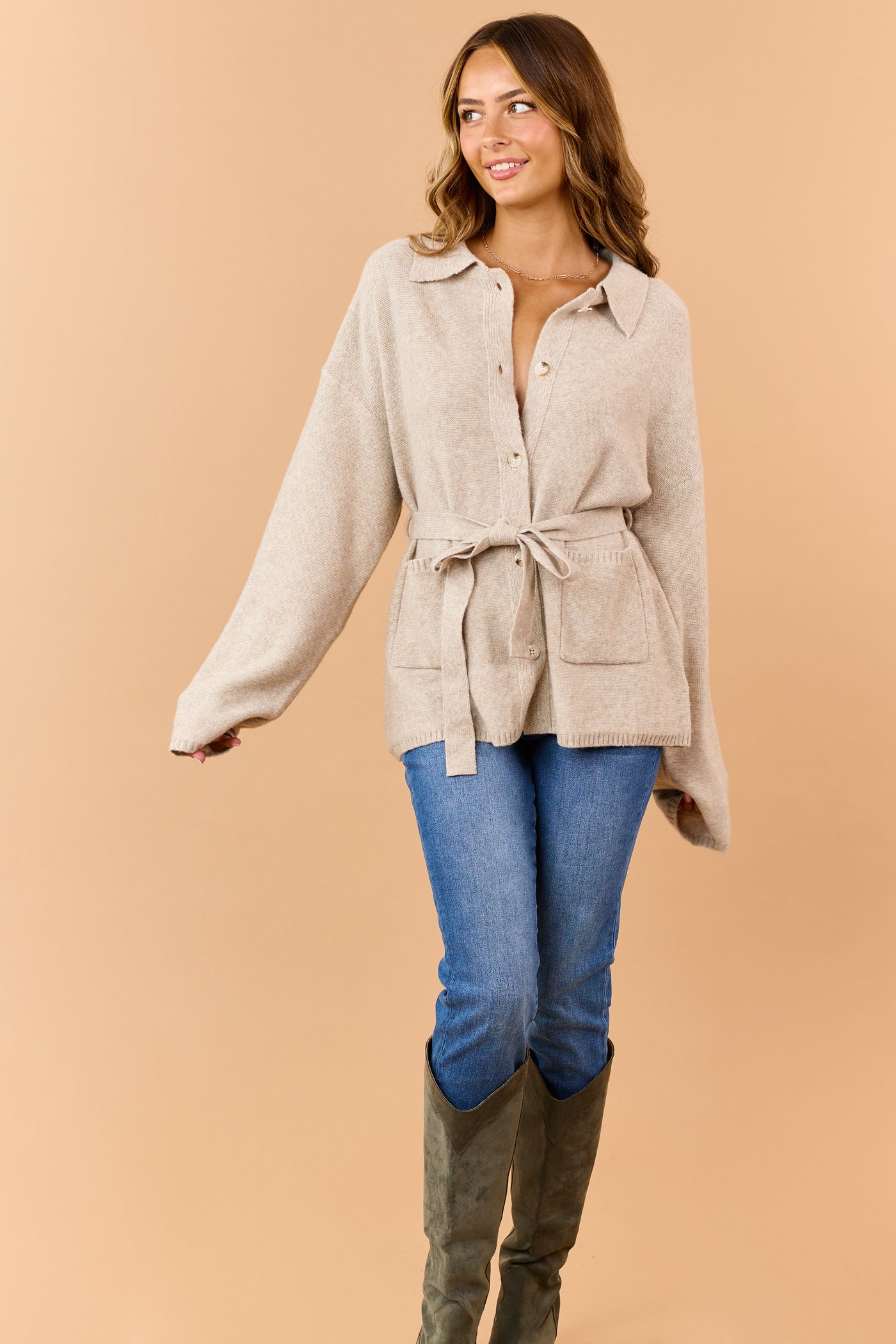 Oatmeal Button Down Waist Tie Sweater Cardigan