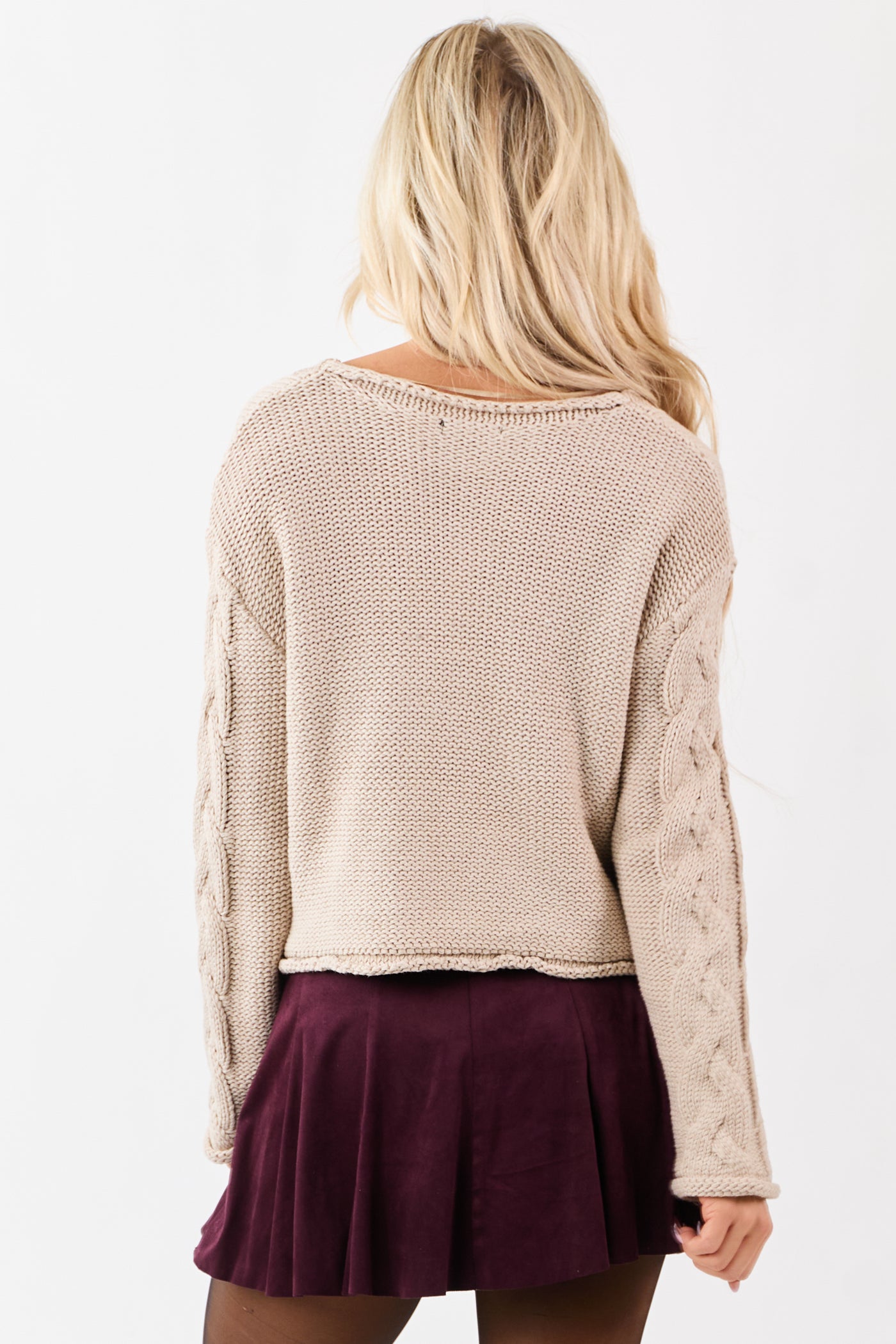 Oatmeal Cable Knit V-Neck Long Sleeve Sweater