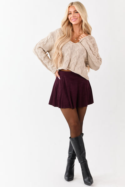 Oatmeal Cable Knit V-Neck Long Sleeve Sweater