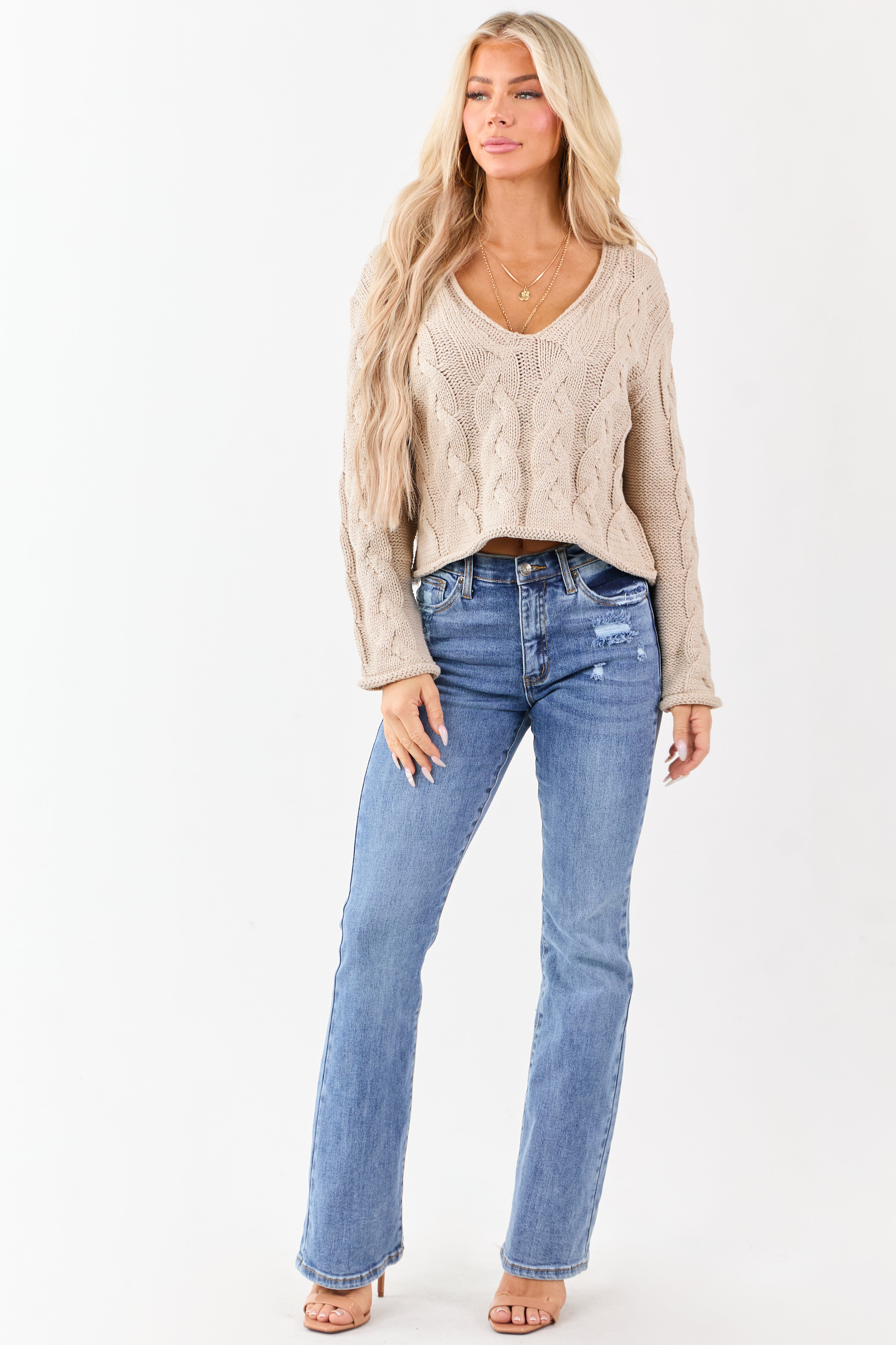 Oatmeal Cable Knit V-Neck Long Sleeve Sweater