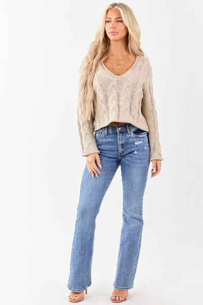 Oatmeal Cable Knit V-Neck Long Sleeve Sweater