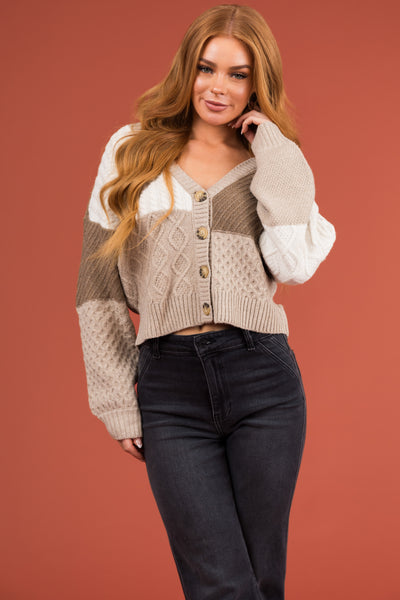Oatmeal Colorblock Printed Knit Cardigan