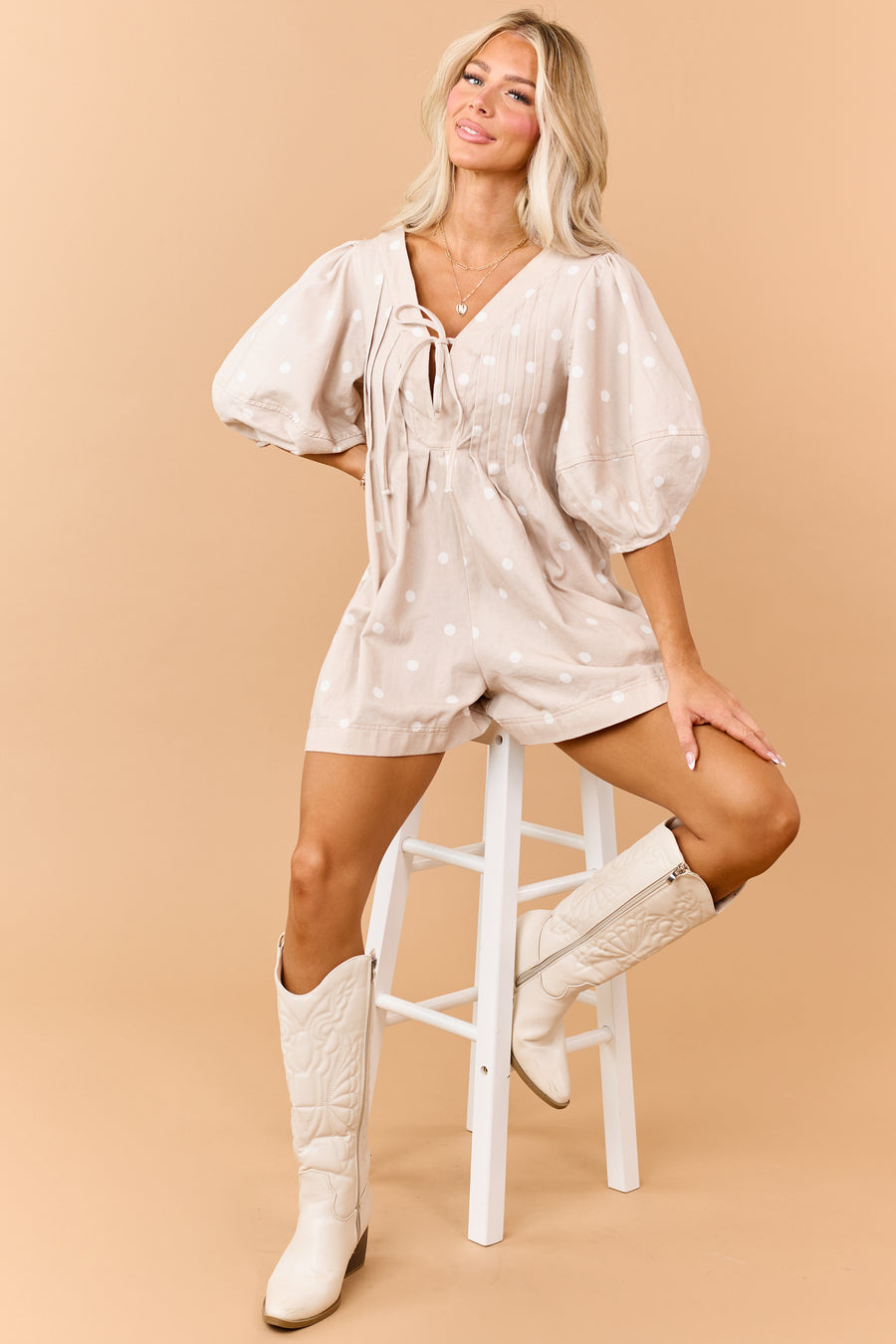 Oatmeal Denim Polka Dot Half Sleeve Romper