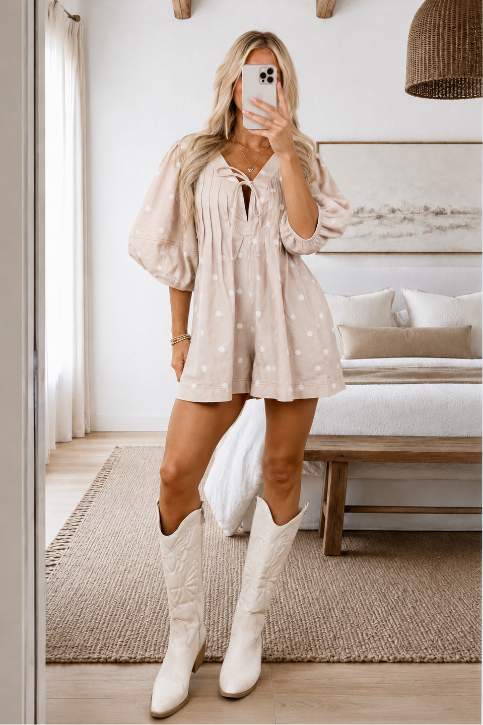 Oatmeal Denim Polka Dot Half Sleeve Romper