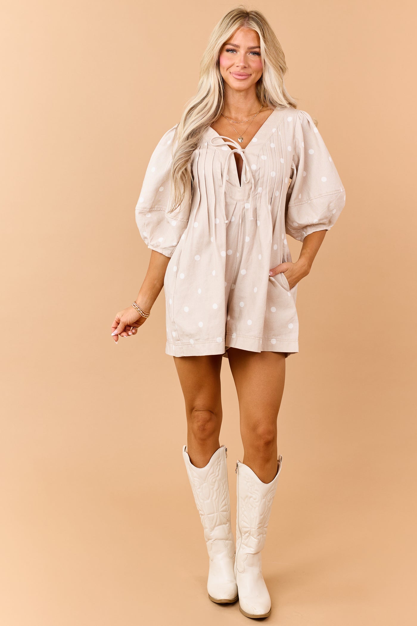 Oatmeal Denim Polka Dot Half Sleeve Romper