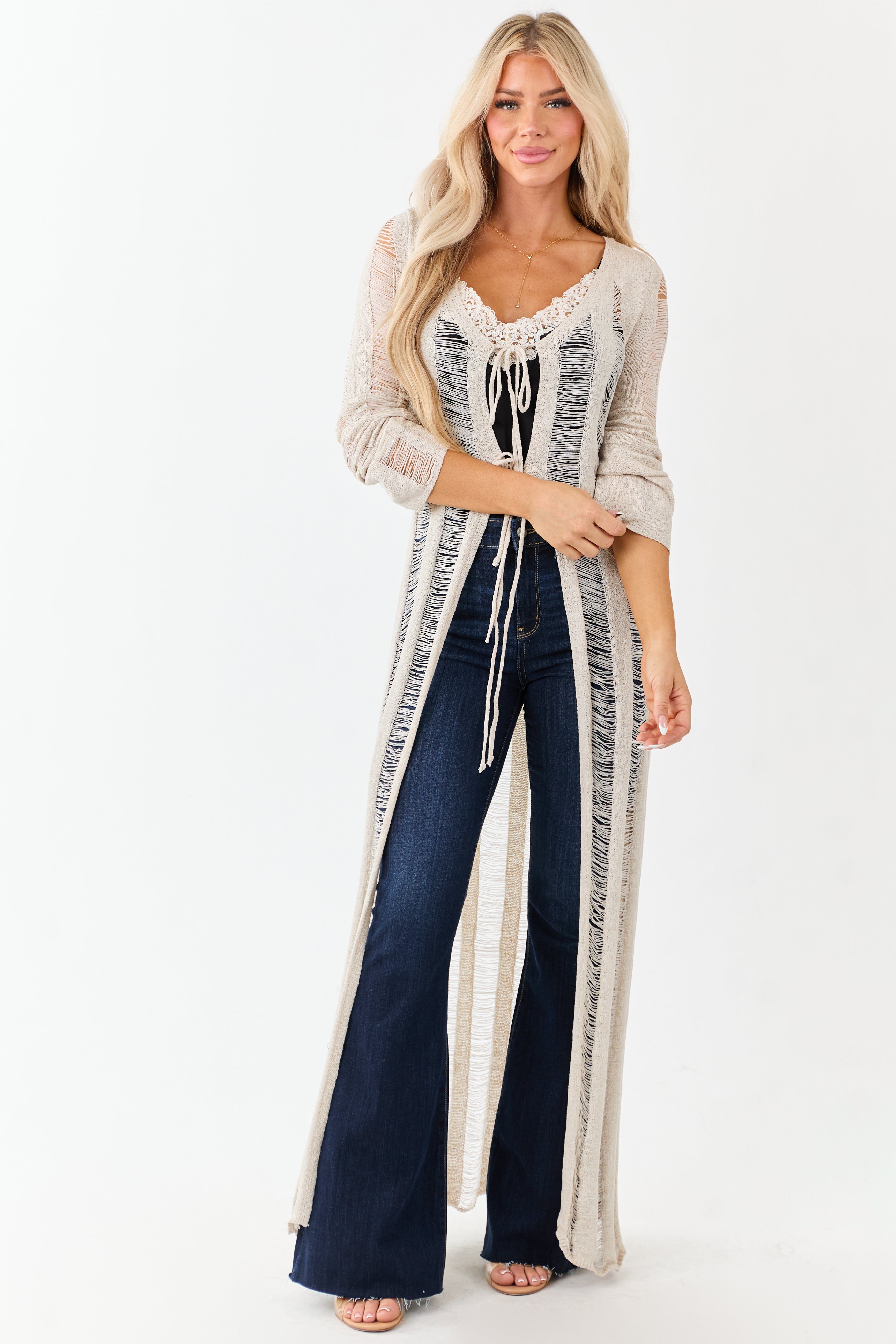 Oatmeal Distressed Ladder Stitch Duster Cardigan