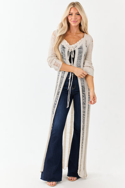 Oatmeal Distressed Ladder Stitch Duster Cardigan
