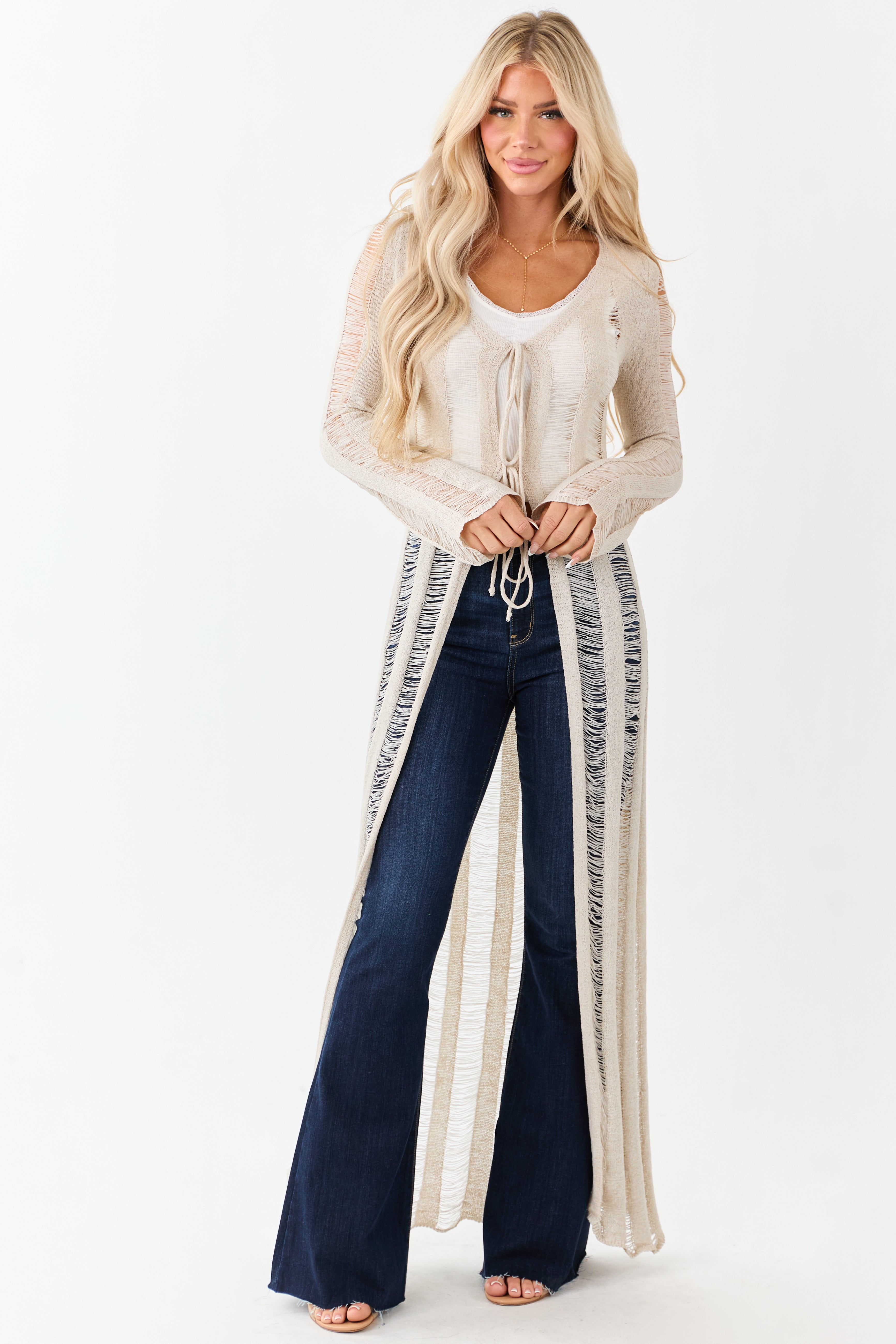 Oatmeal Distressed Ladder Stitch Duster Cardigan | Lime Lush Boutique