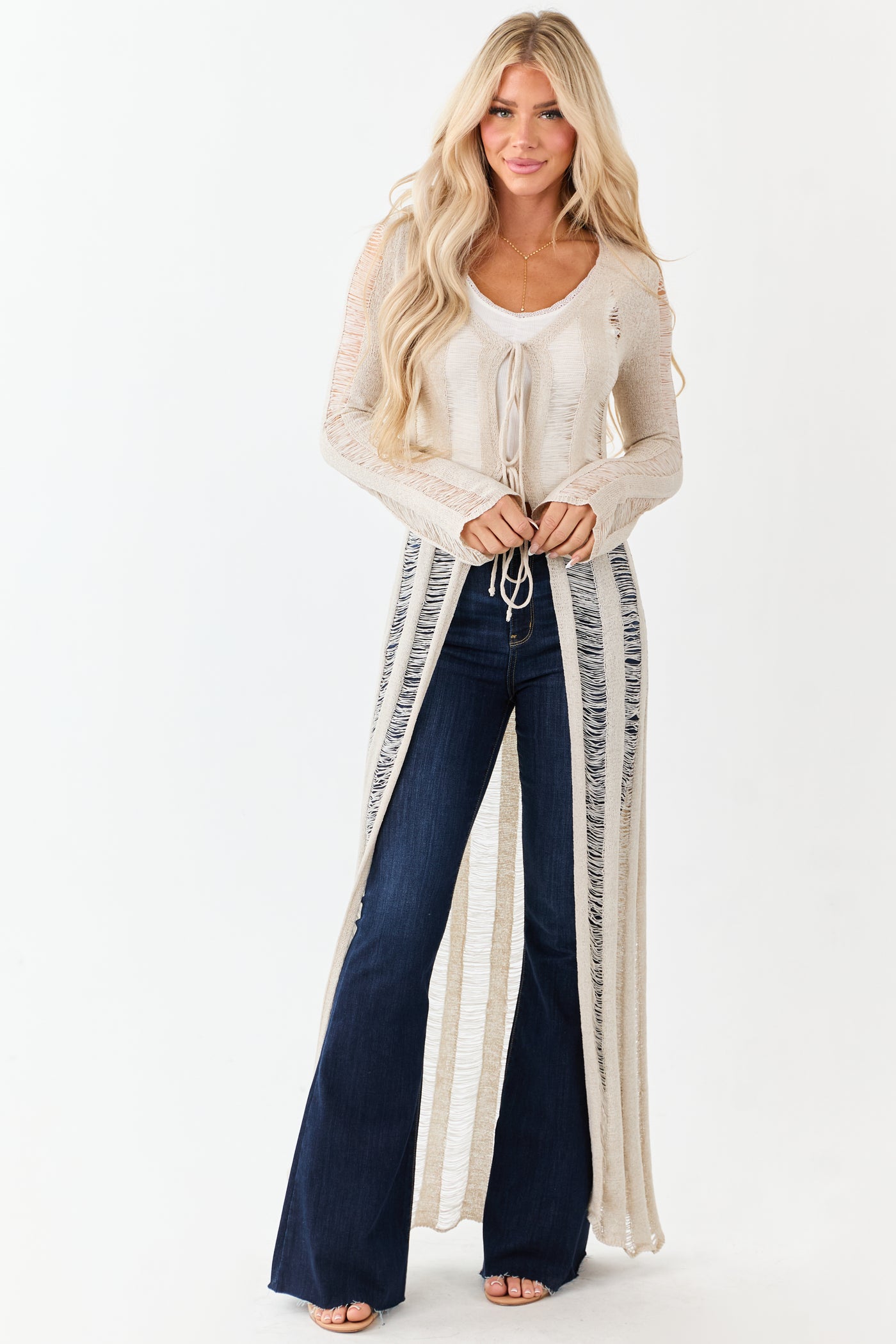 Oatmeal Distressed Ladder Stitch Duster Cardigan