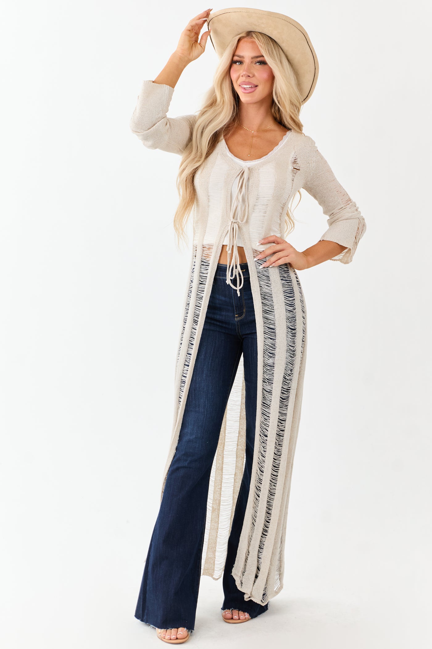 Oatmeal Distressed Ladder Stitch Duster Cardigan