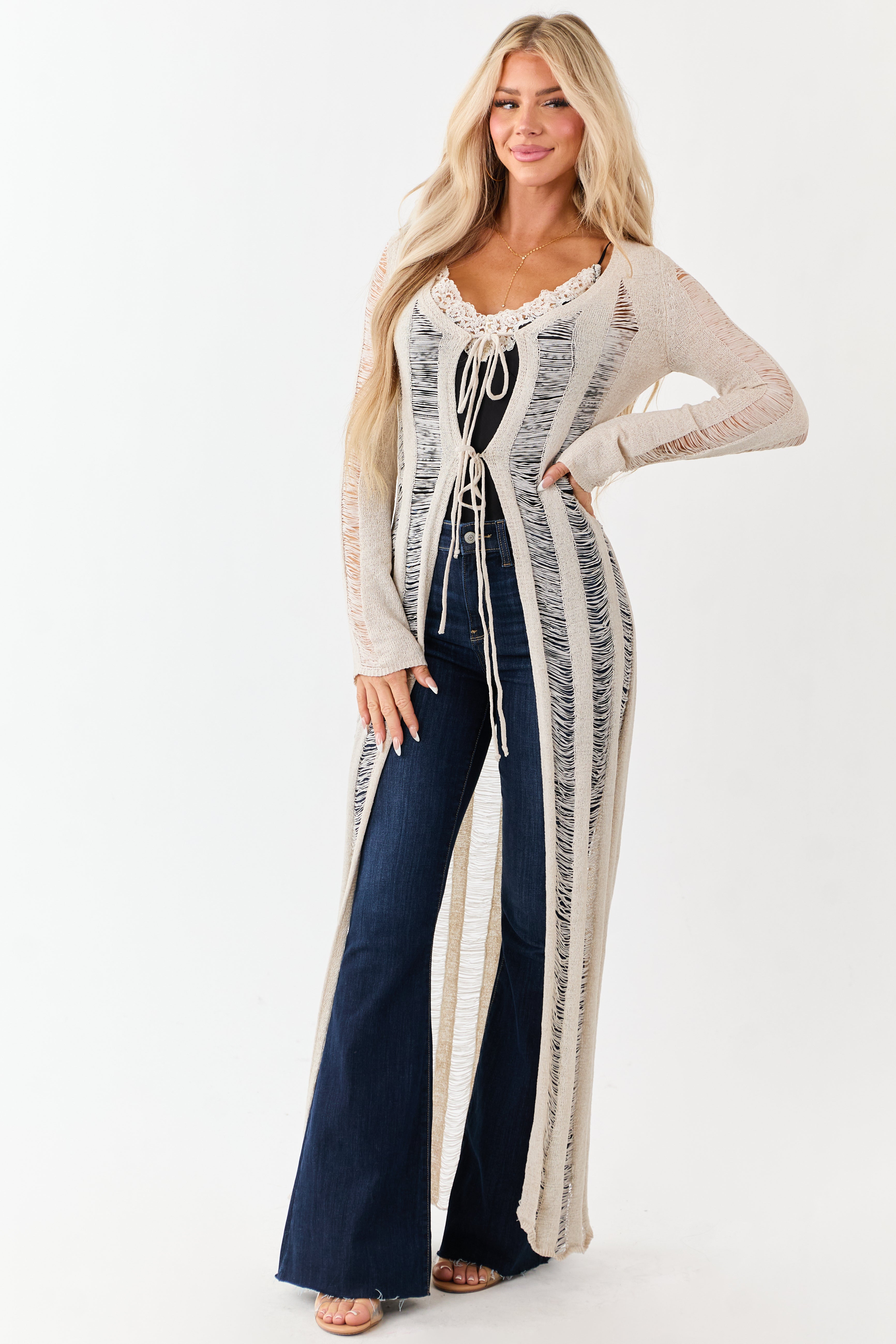 Oatmeal Distressed Ladder Stitch Duster Cardigan