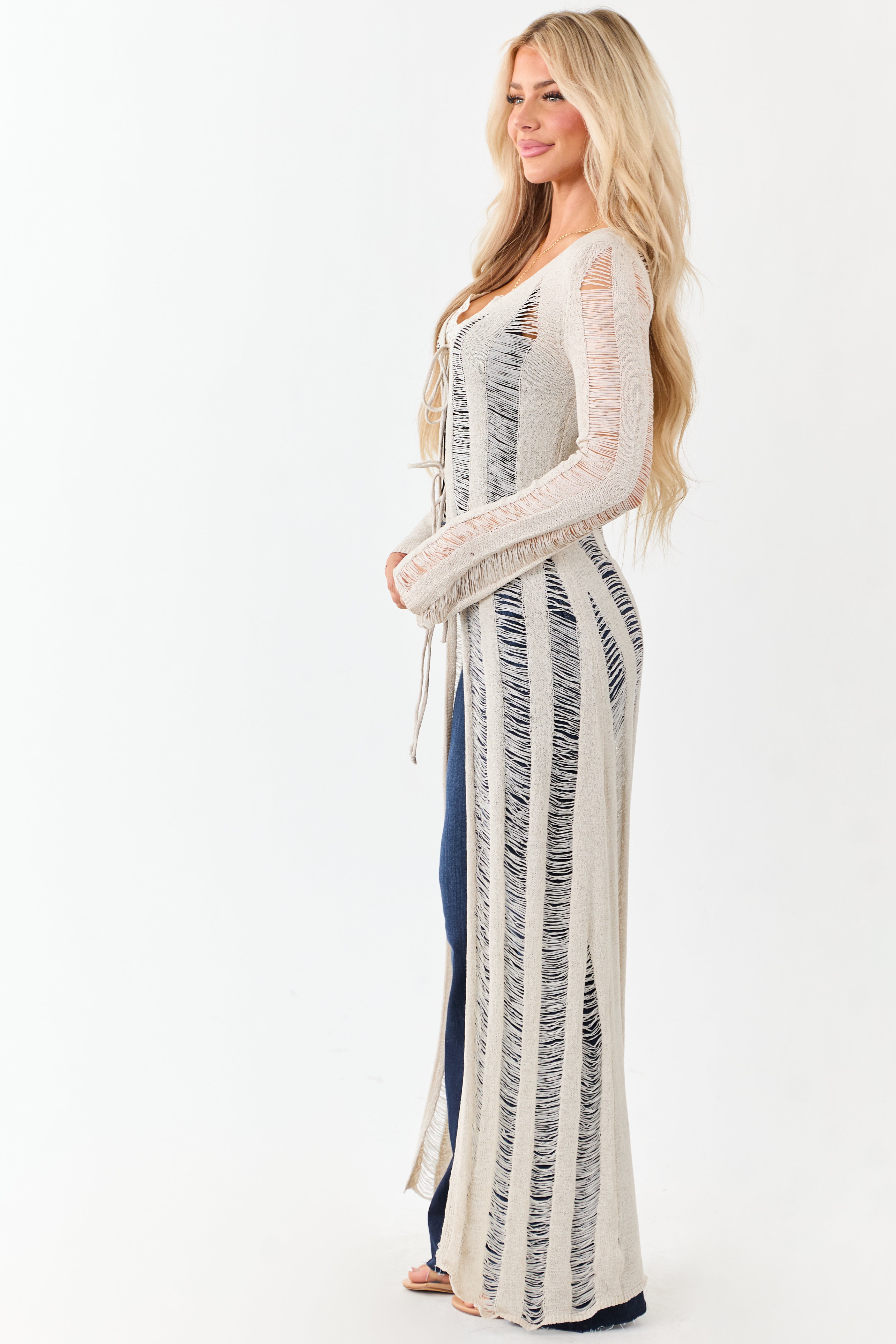 Oatmeal Distressed Ladder Stitch Duster Cardigan