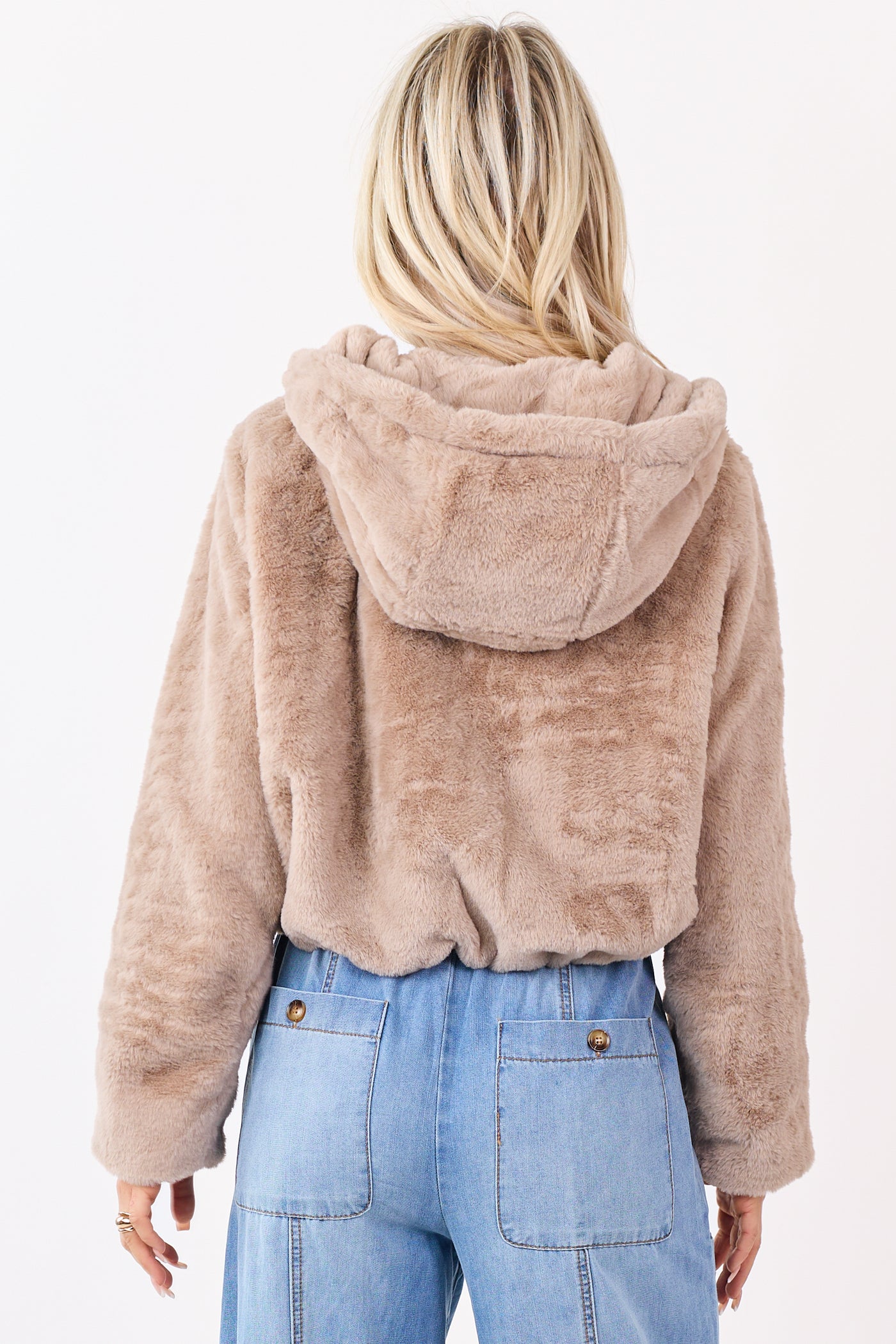 Oatmeal Faux Fur Hooded Zip Up Jacket