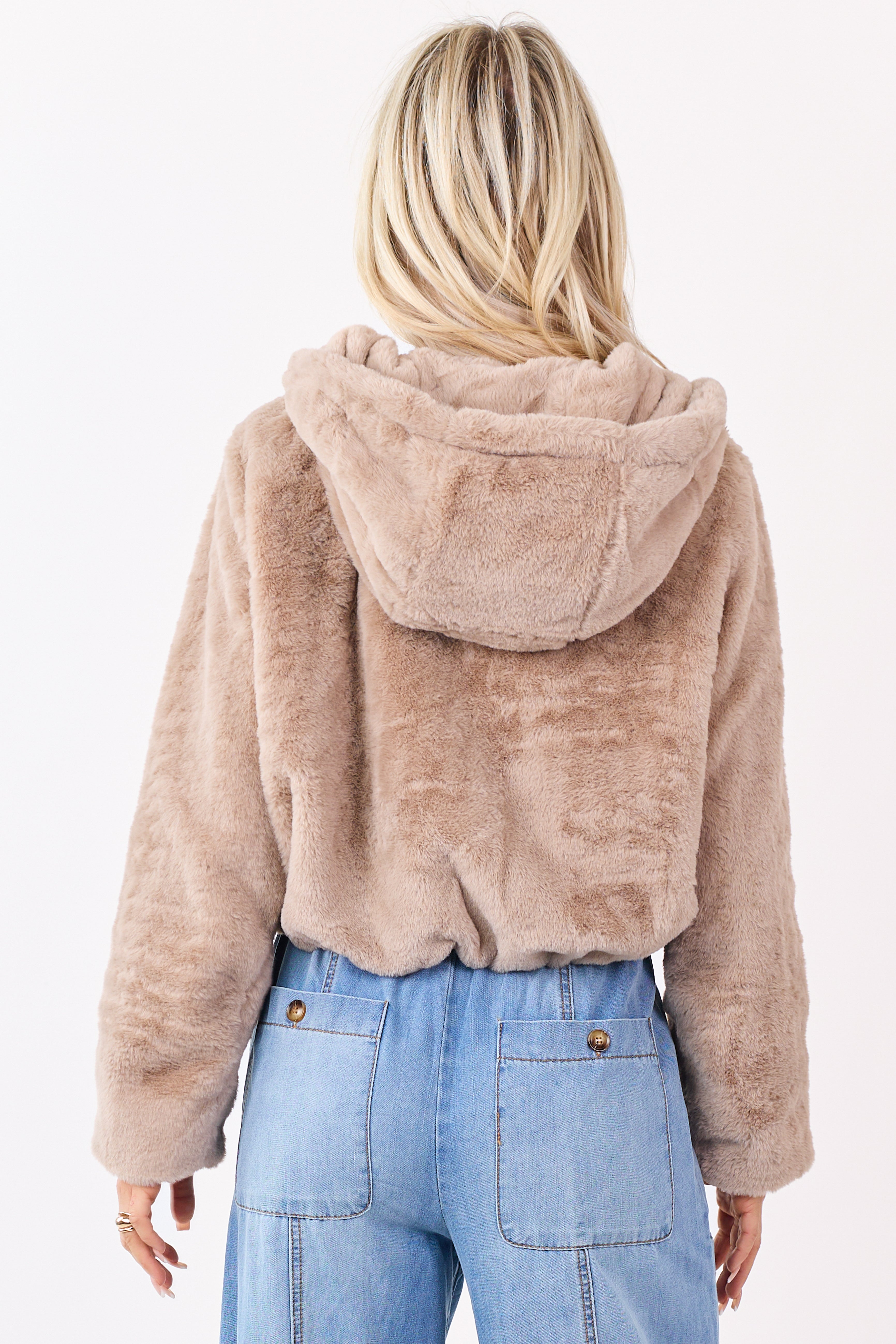 Oatmeal Faux Fur Hooded Zip Up Jacket