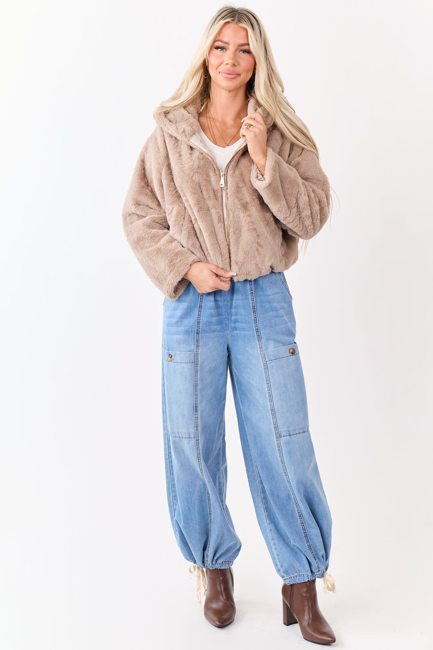 Oatmeal Faux Fur Hooded Zip Up Jacket