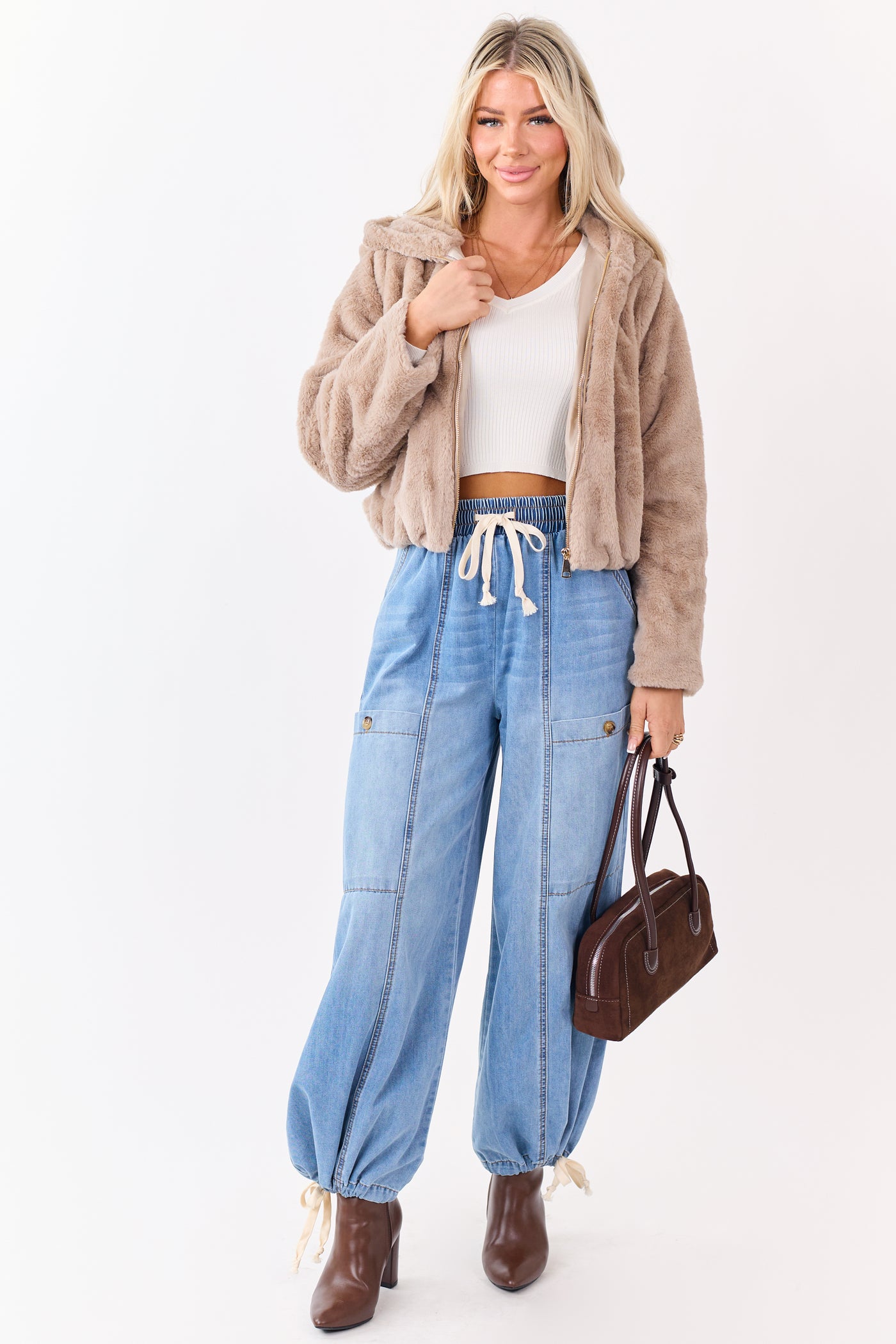 Oatmeal Faux Fur Hooded Zip Up Jacket