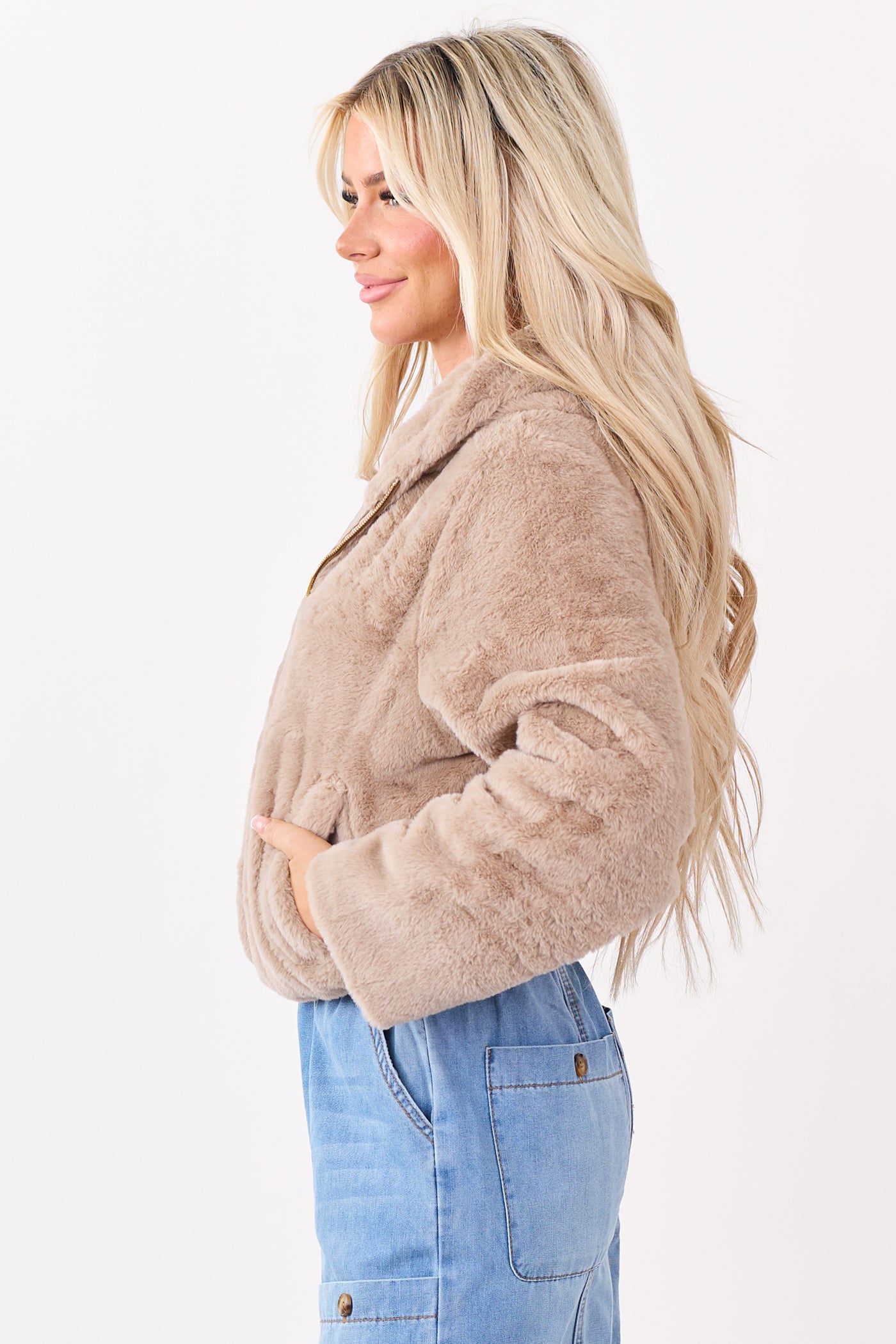 Oatmeal Faux Fur Hooded Zip Up Jacket