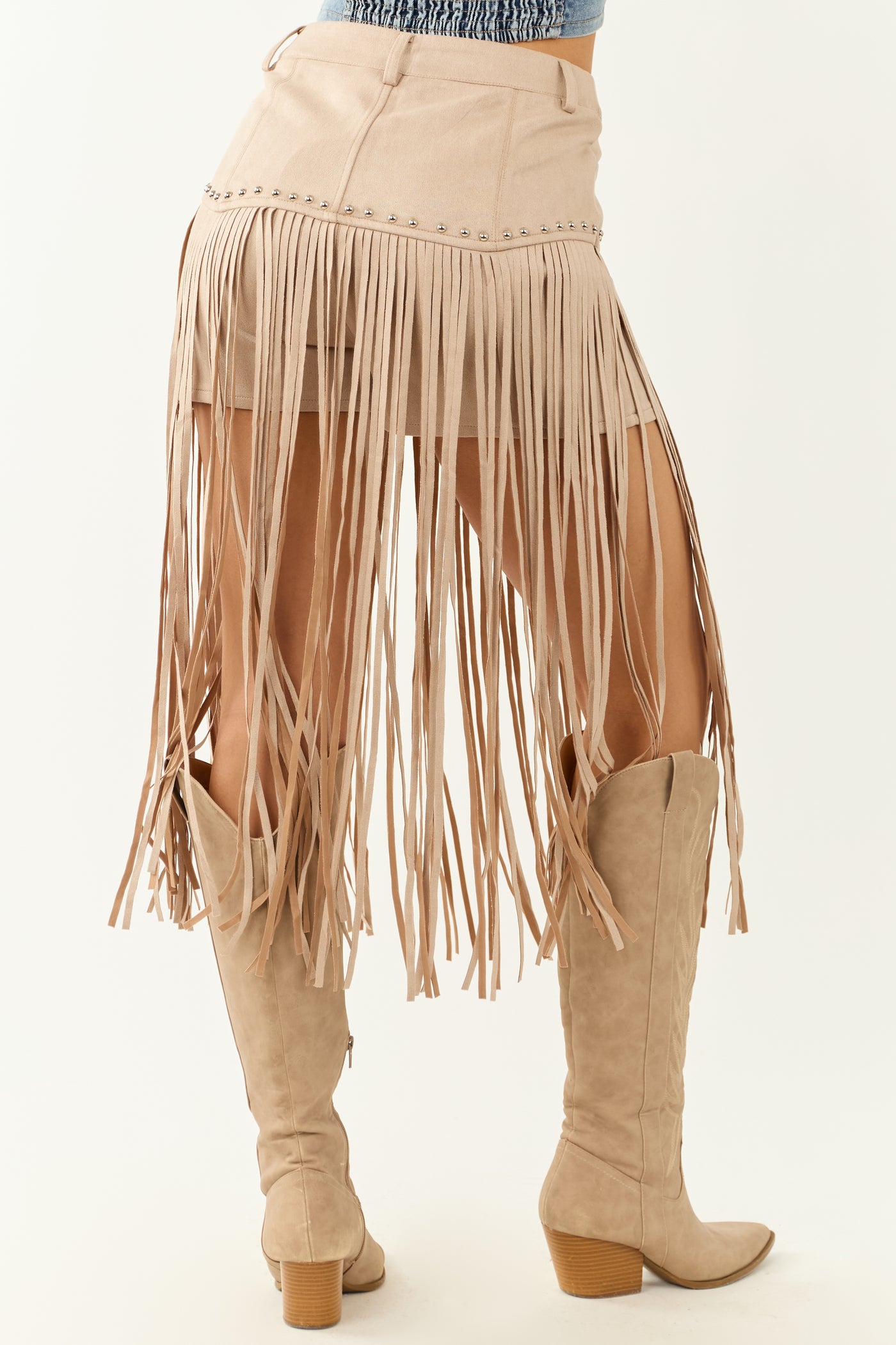 Oatmeal Faux Suede Fringe High Rise Studded Shorts