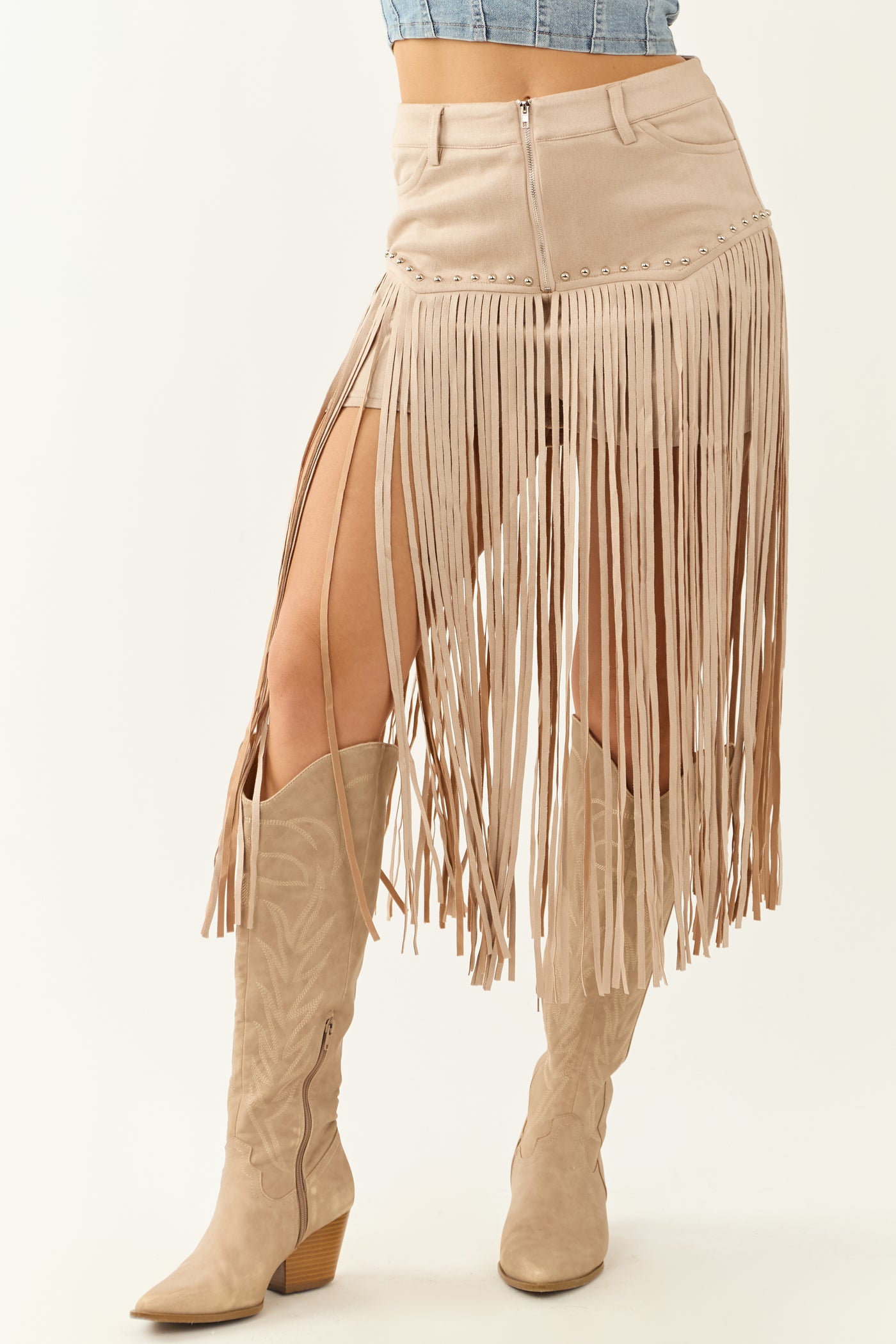 Oatmeal Faux Suede Fringe High Rise Studded Shorts