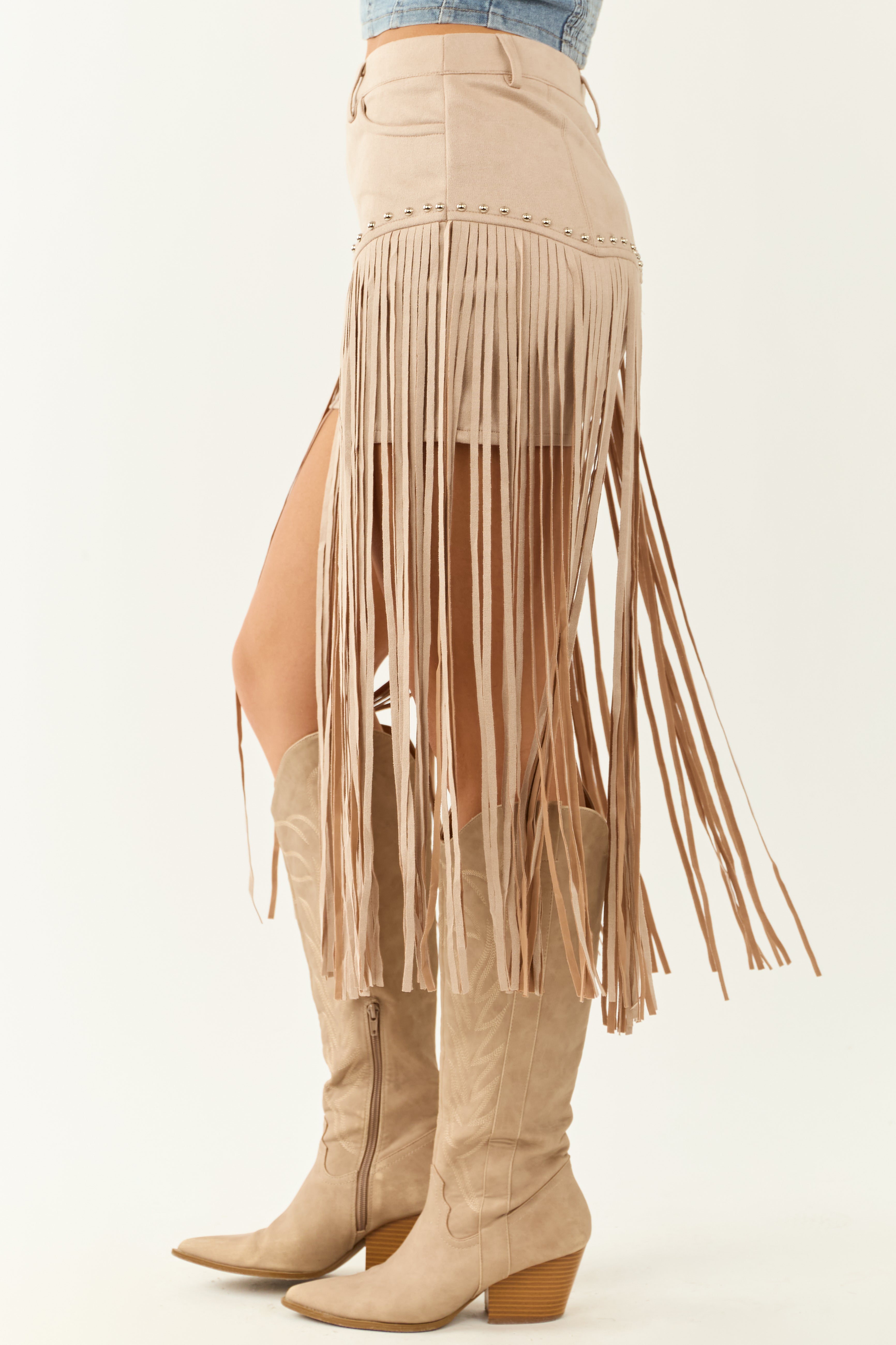 Oatmeal Faux Suede Fringe High Rise Studded Shorts