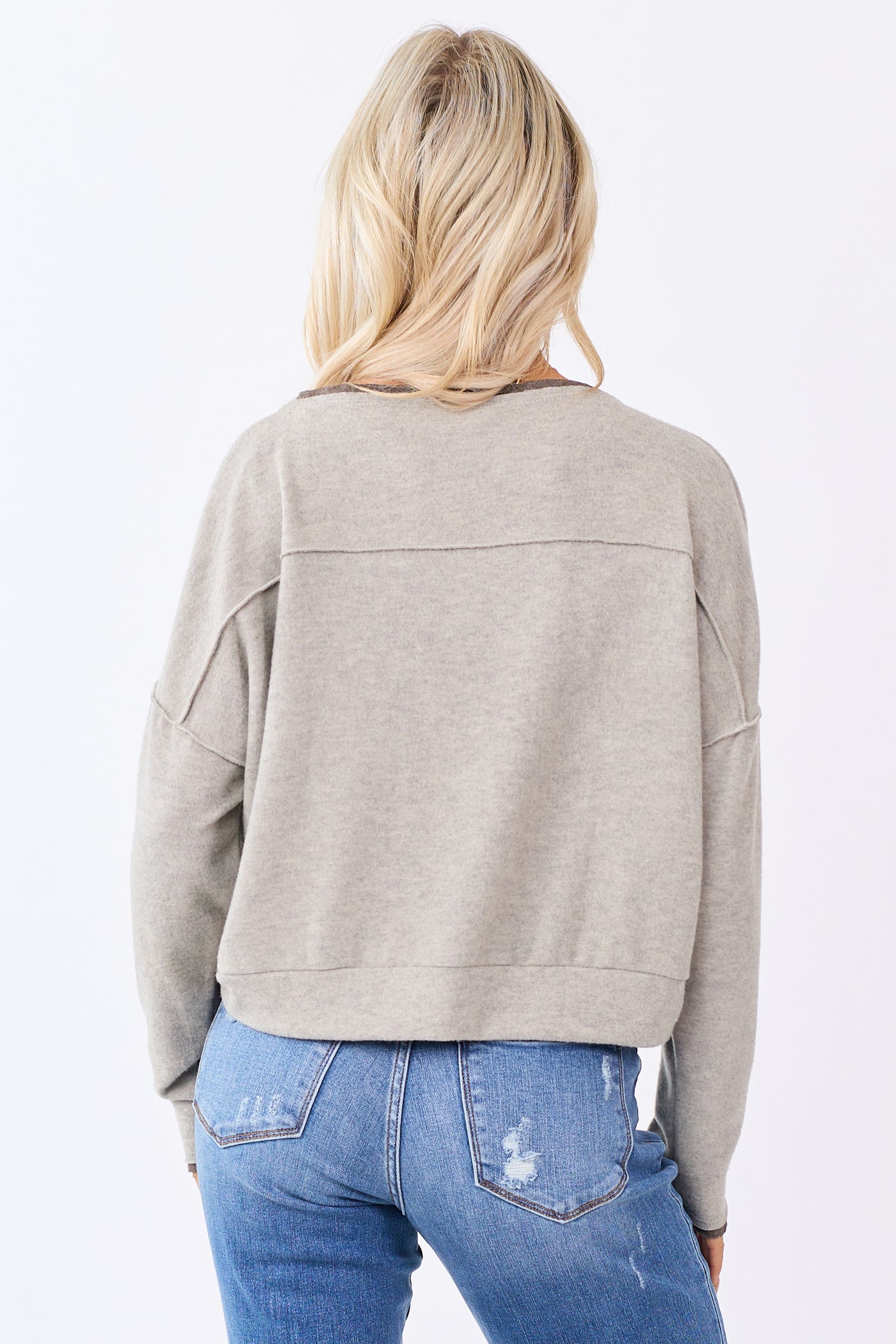 Oatmeal Fleece Contrast Trim Long Sleeve Top