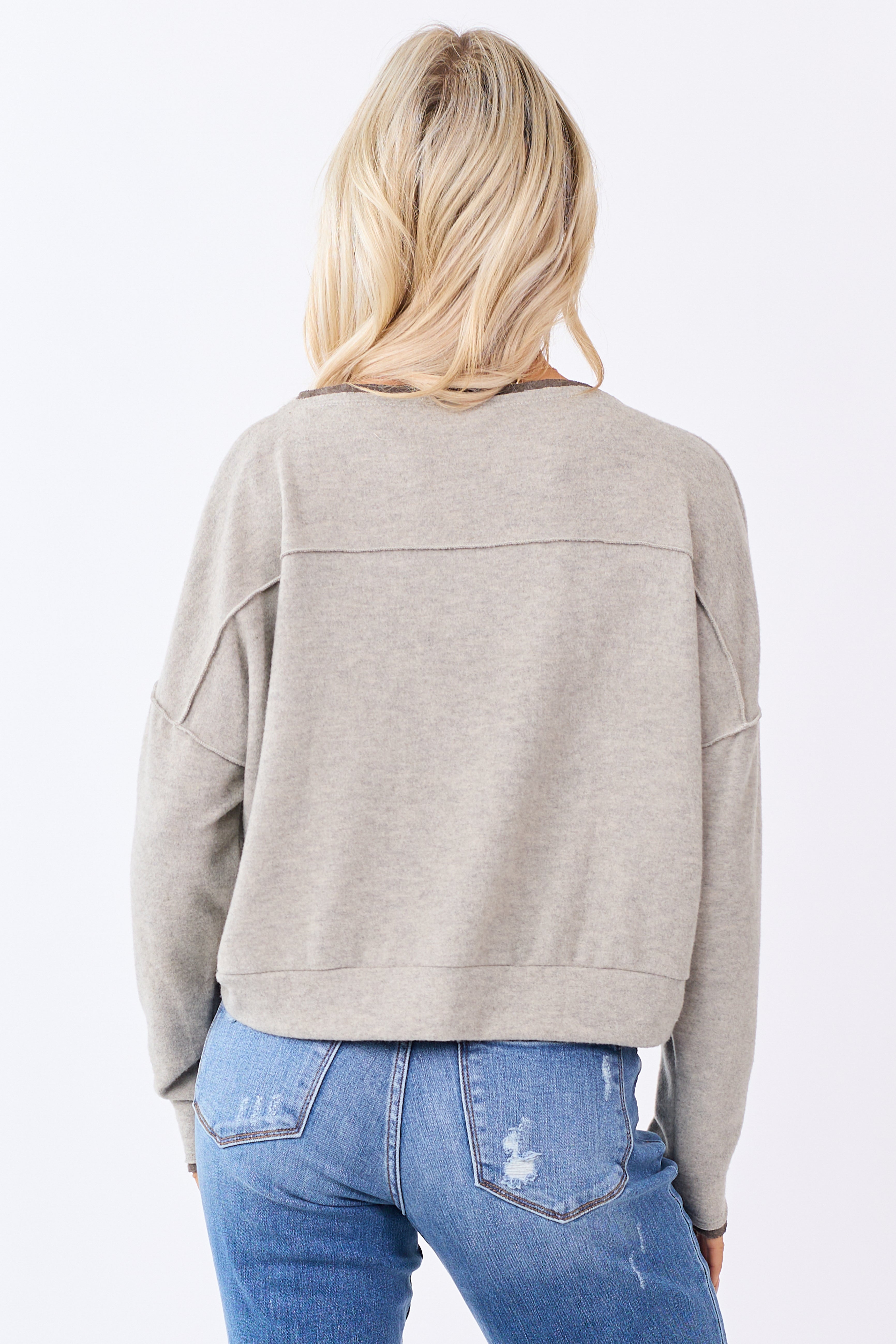 Oatmeal Fleece Contrast Trim Long Sleeve Top