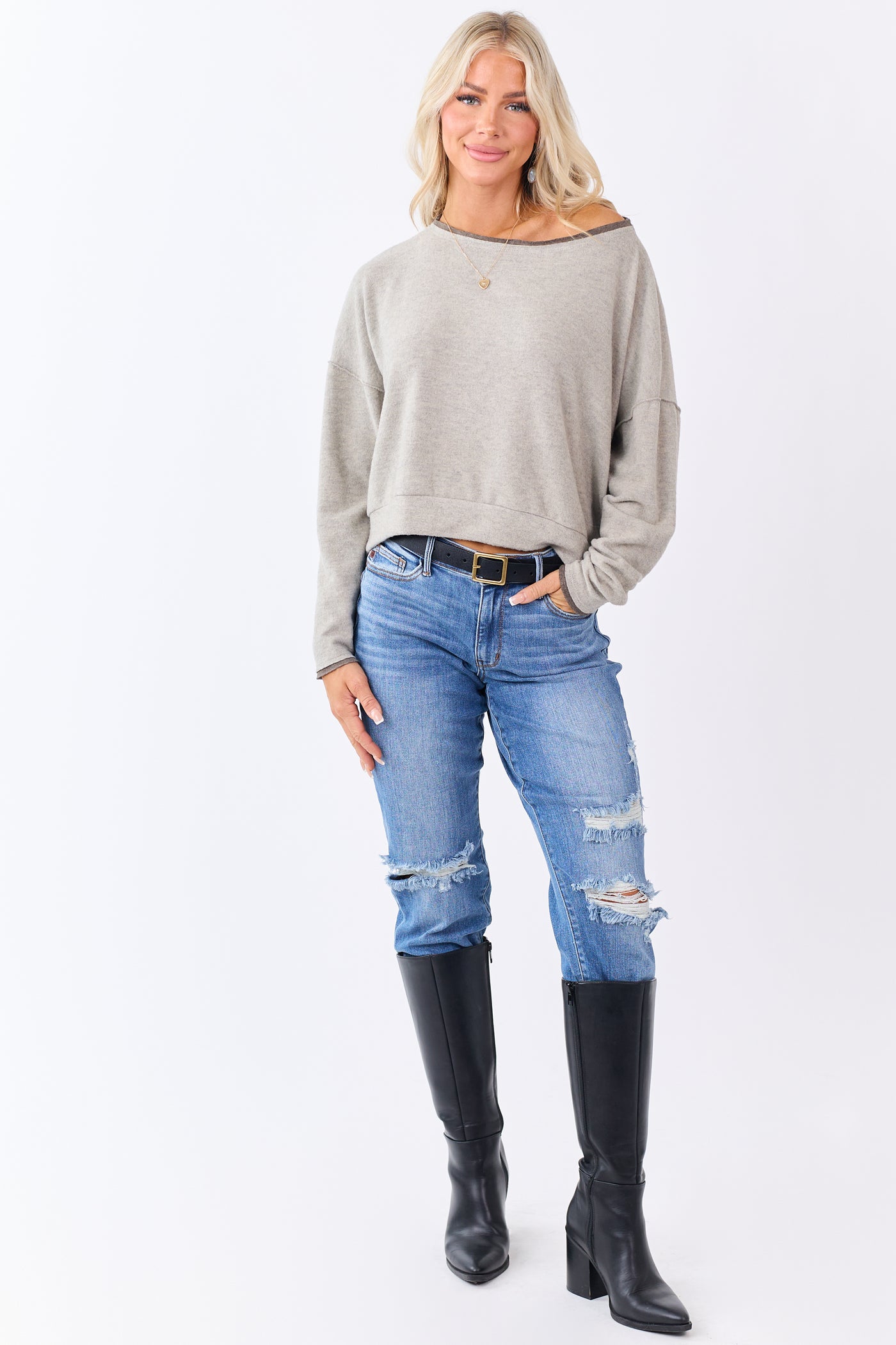 Oatmeal Fleece Contrast Trim Long Sleeve Top