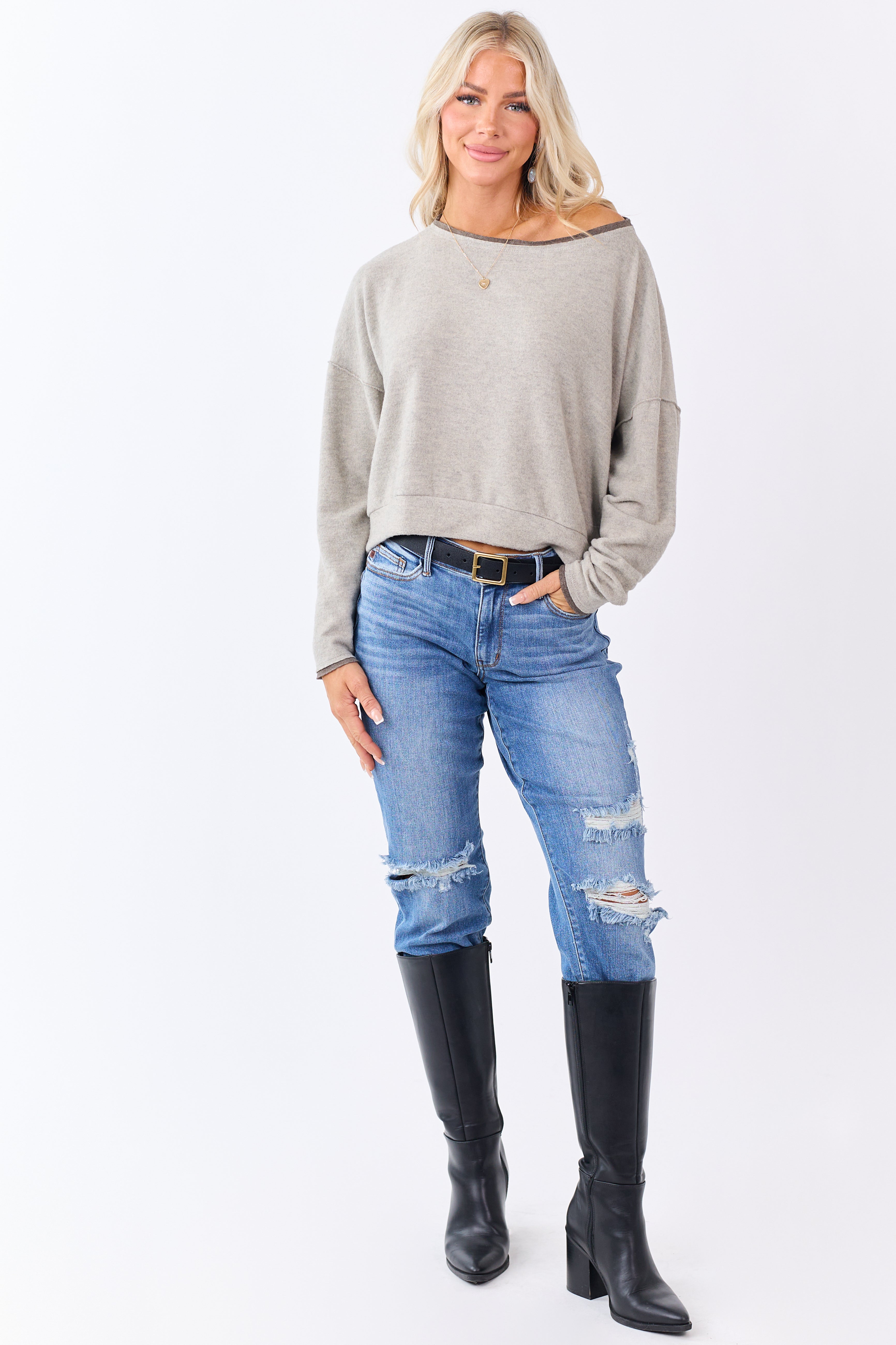 Oatmeal Fleece Contrast Trim Long Sleeve Top