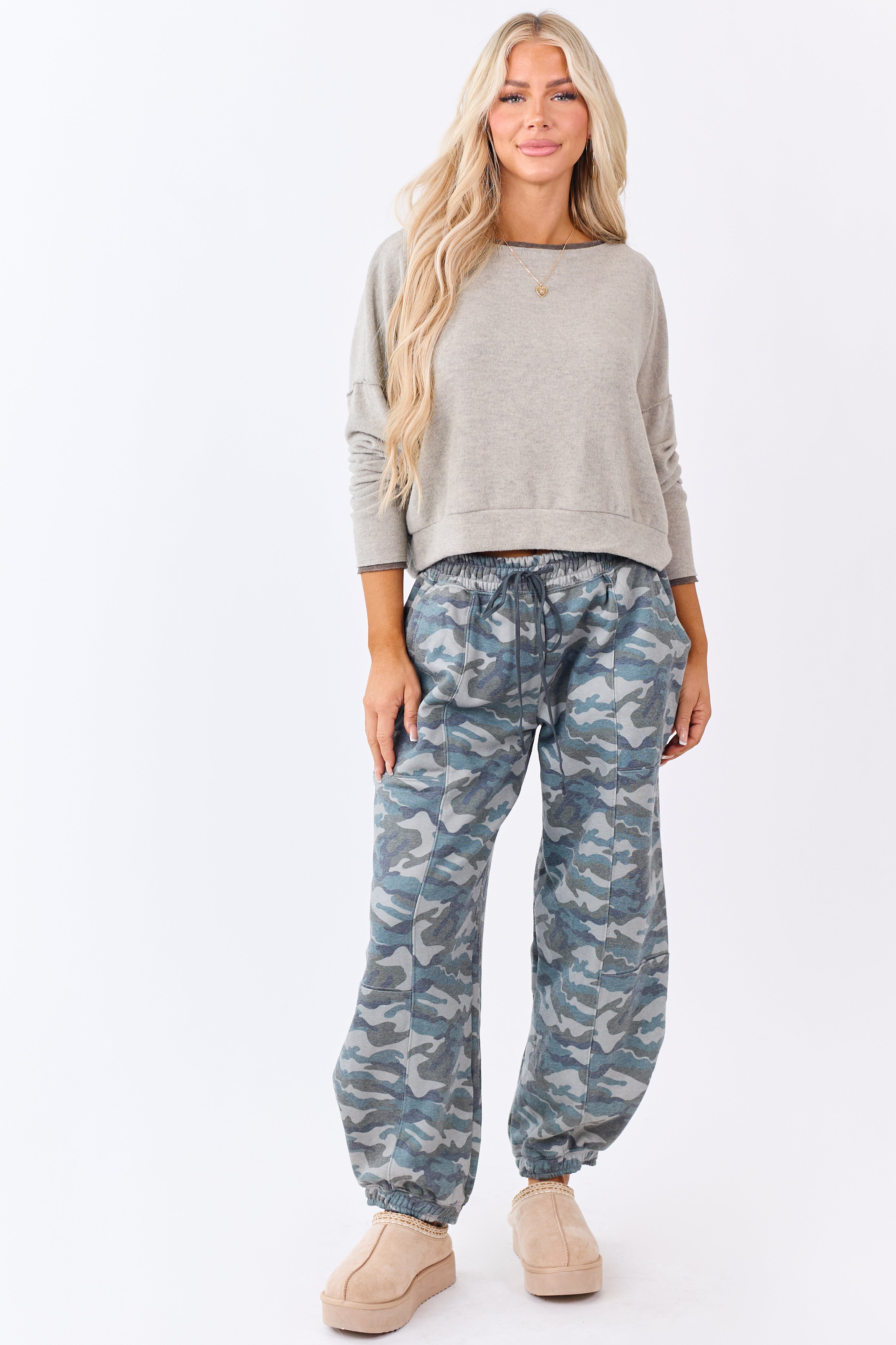 Oatmeal Fleece Contrast Trim Long Sleeve Top