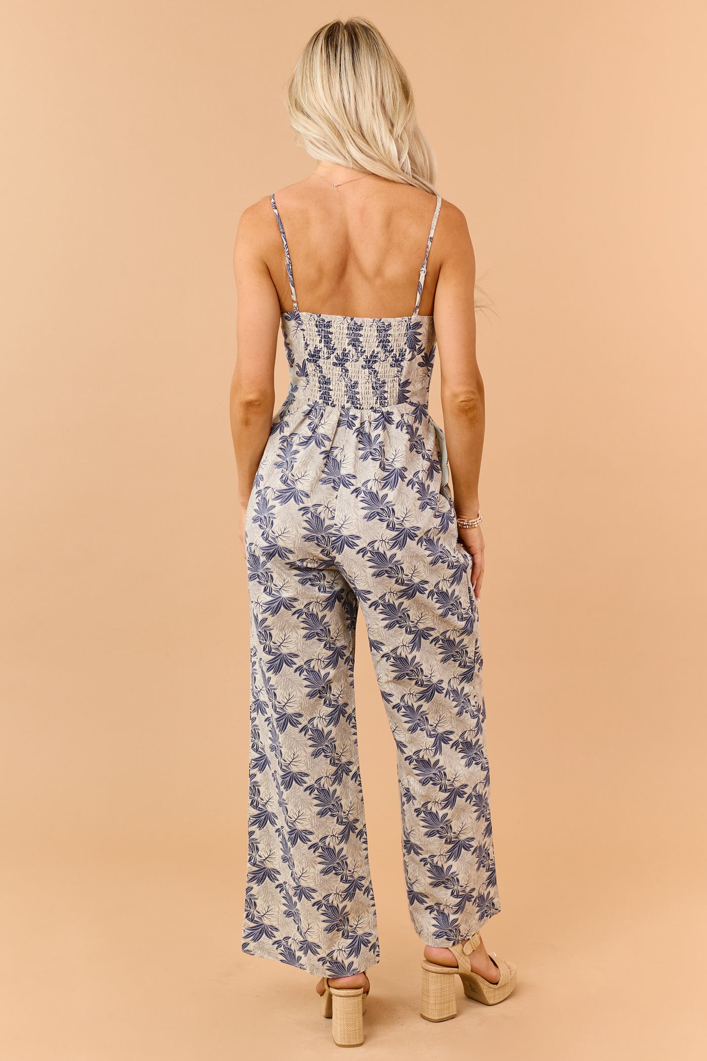 Oatmeal Floral Print Zip Up Cotton Jumpsuit