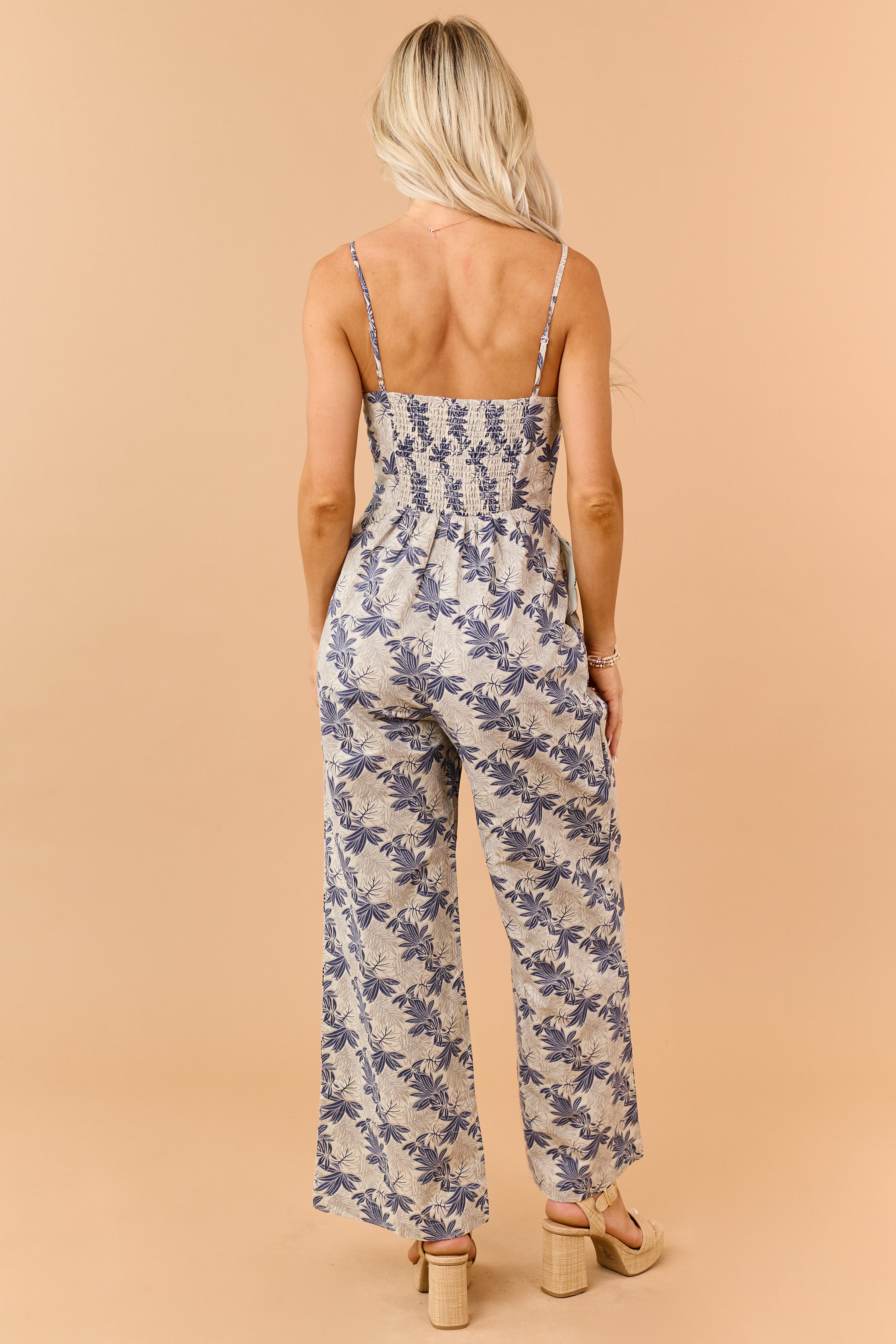Oatmeal Floral Print Zip Up Cotton Jumpsuit