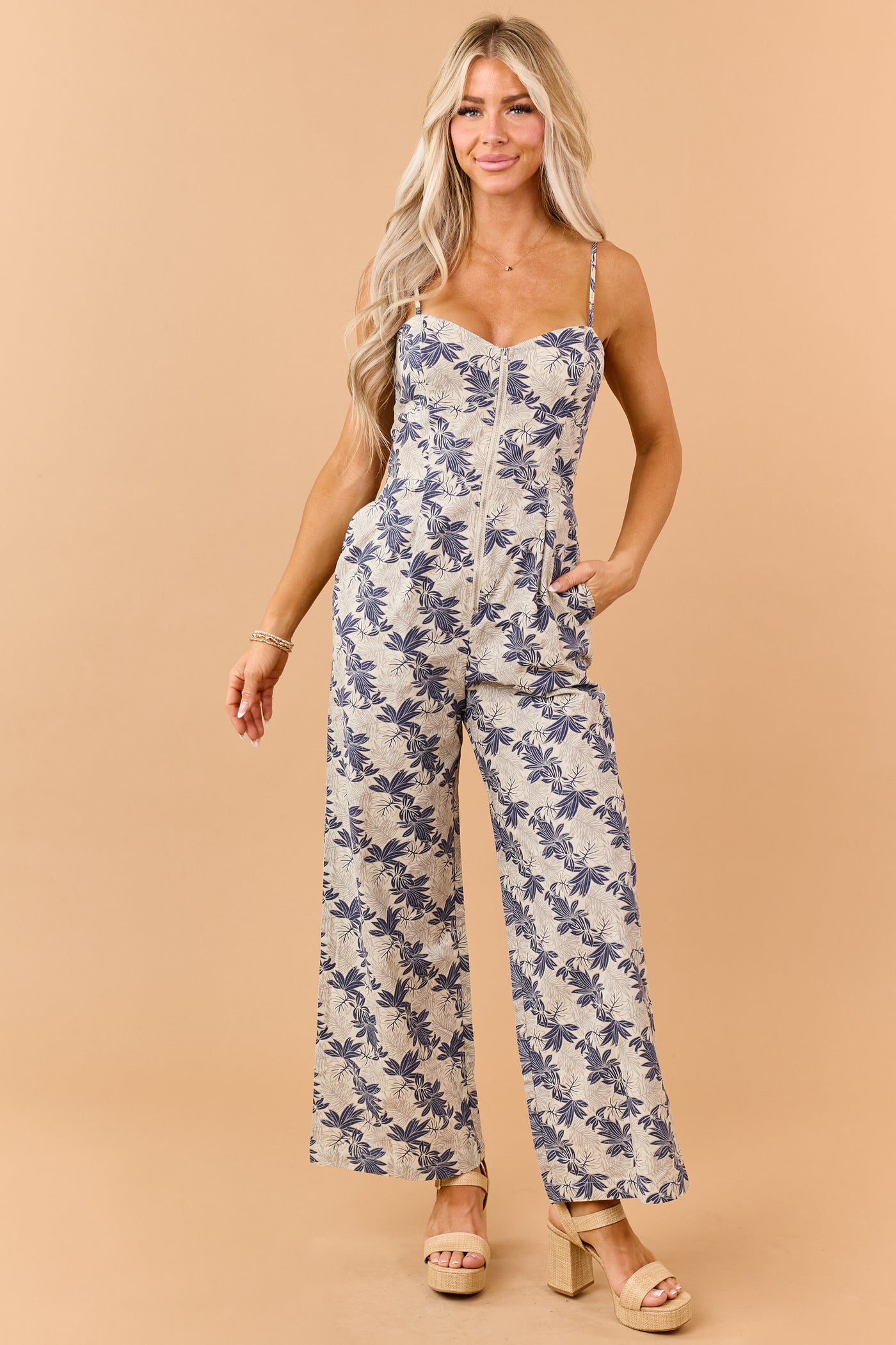 Oatmeal Floral Print Zip Up Cotton Jumpsuit