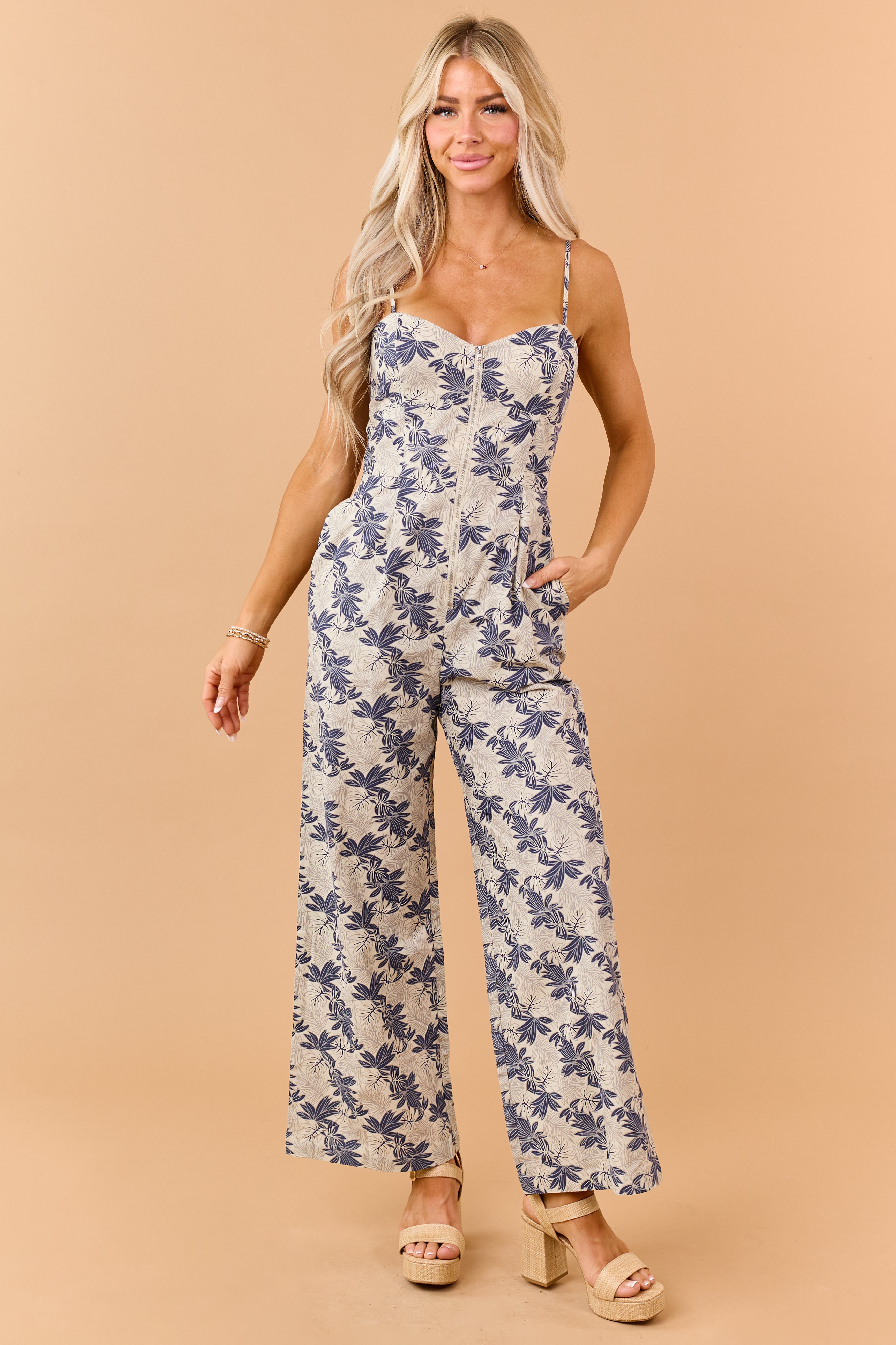 Oatmeal Floral Print Zip Up Cotton Jumpsuit