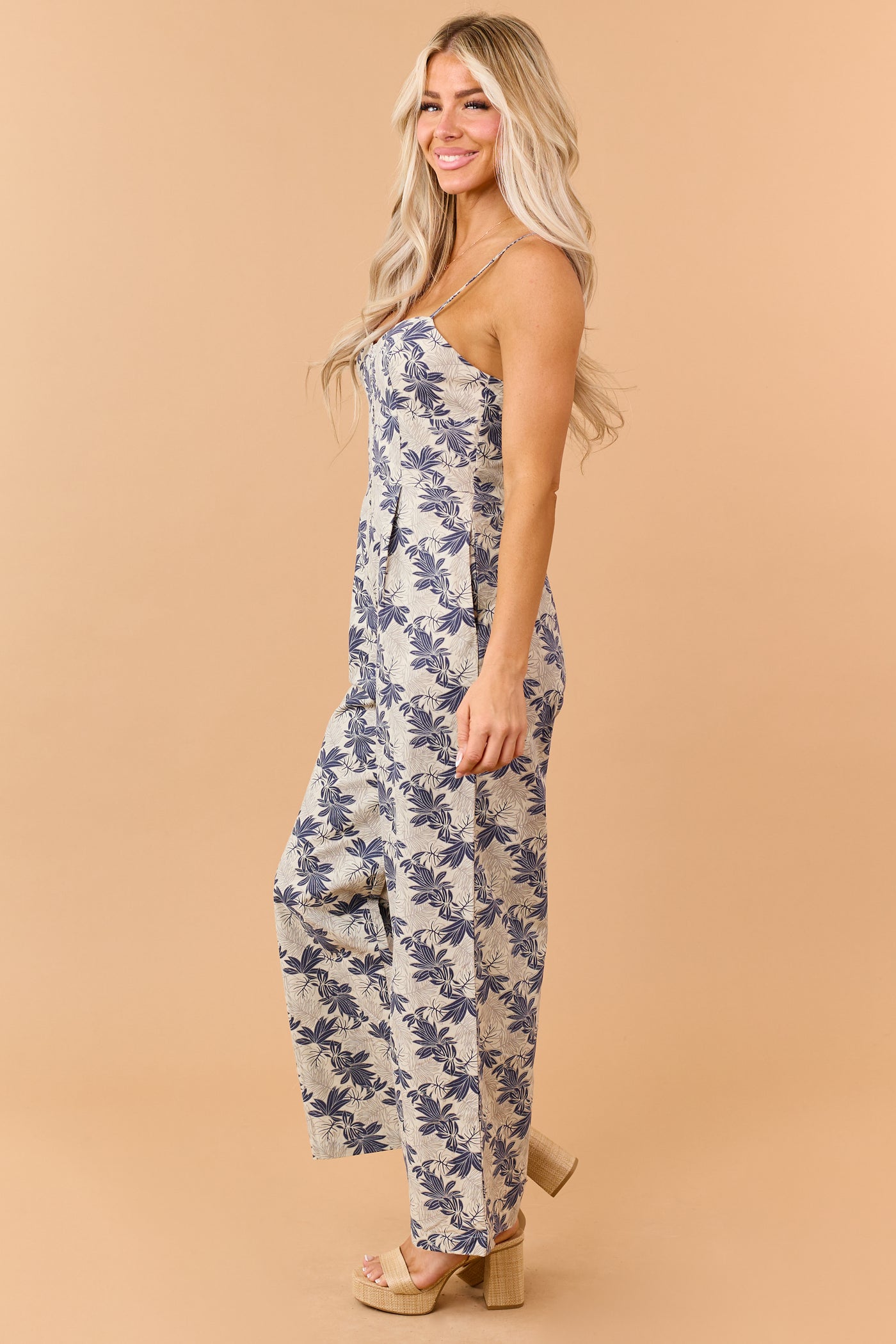 Oatmeal Floral Print Zip Up Cotton Jumpsuit