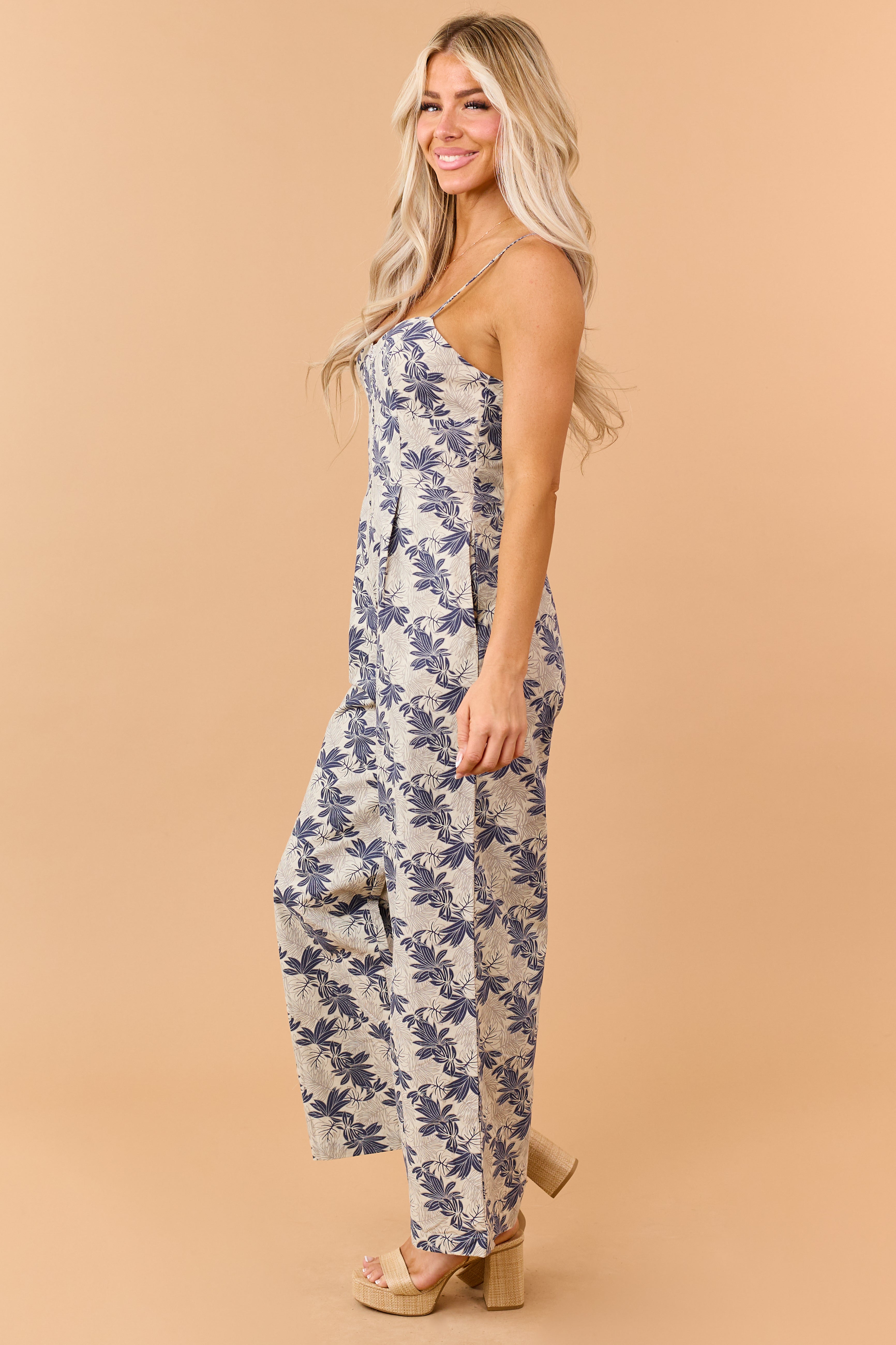 Oatmeal Floral Print Zip Up Cotton Jumpsuit