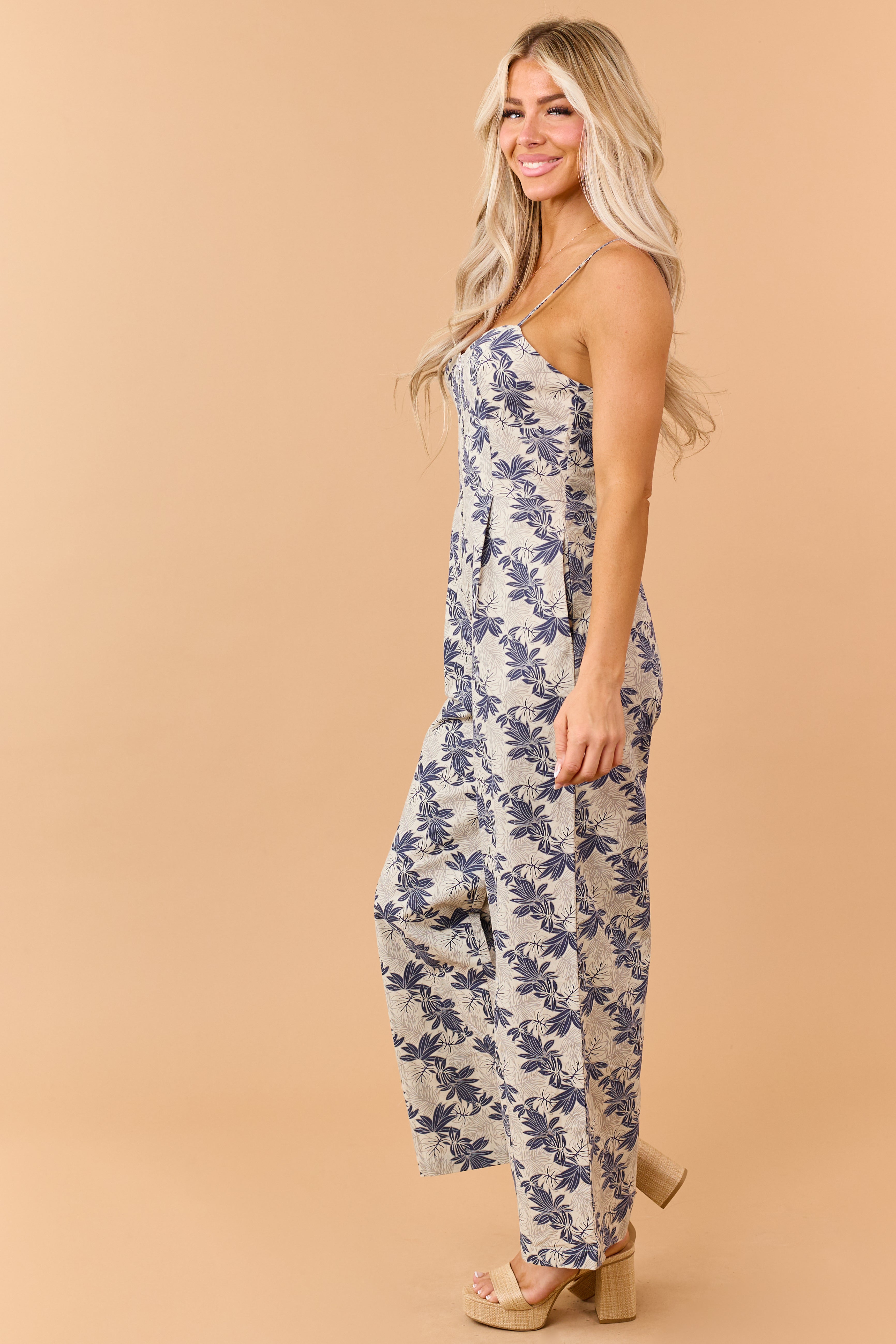 Oatmeal Floral Print Zip Up Cotton Jumpsuit