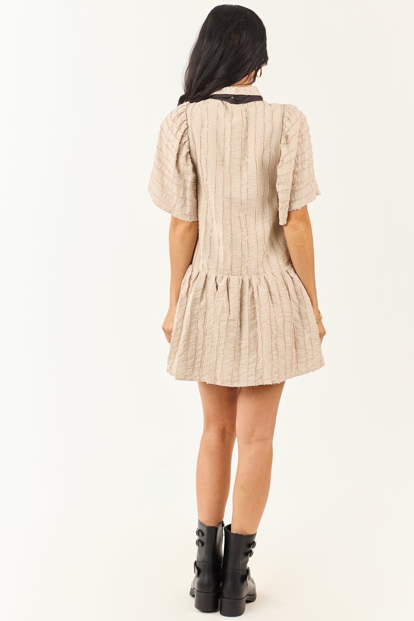 Oatmeal Frayed Textured Button Down Mini Dress