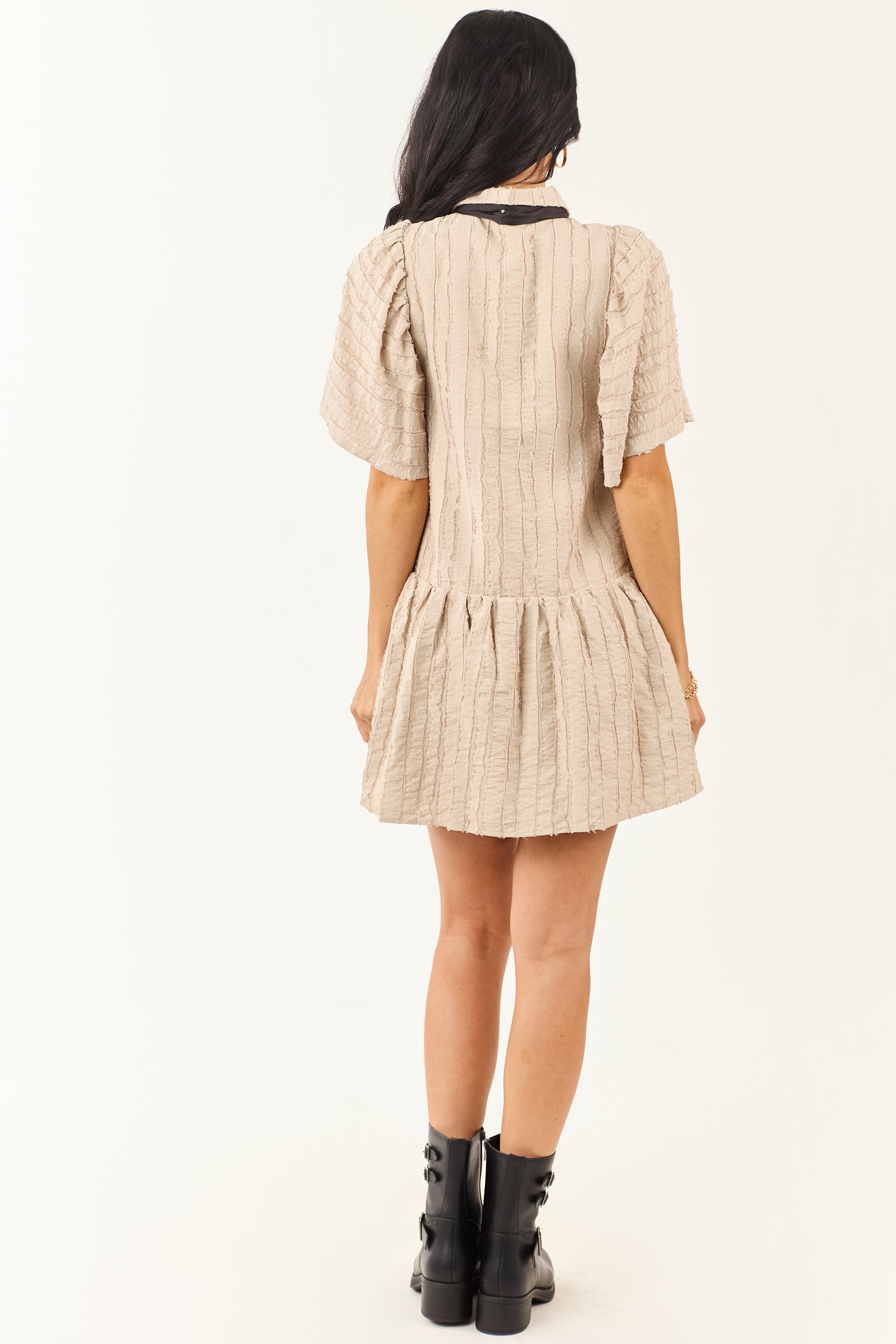 Oatmeal Frayed Textured Button Down Mini Dress