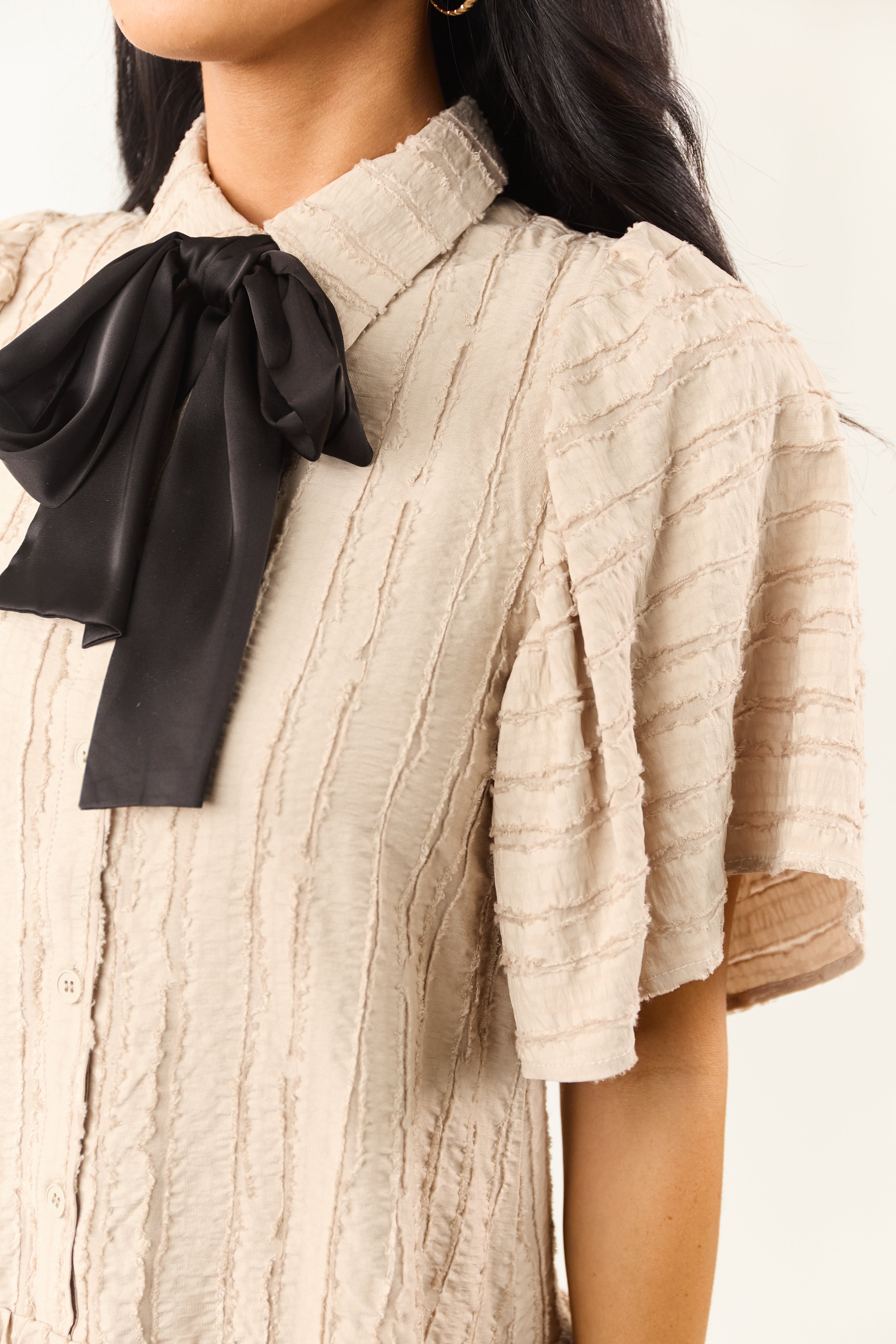 Oatmeal Frayed Textured Button Down Mini Dress