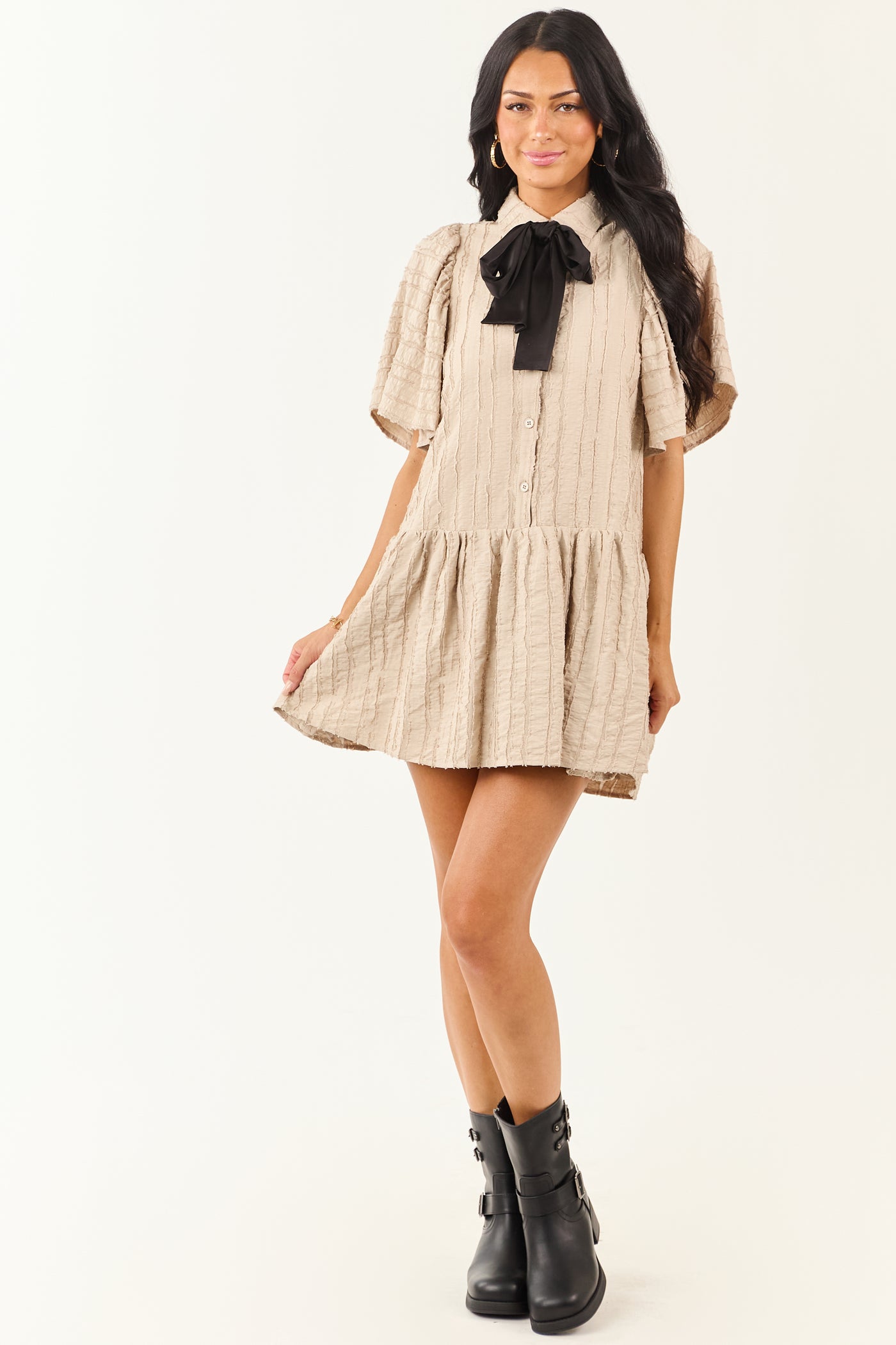 Oatmeal Frayed Textured Button Down Mini Dress