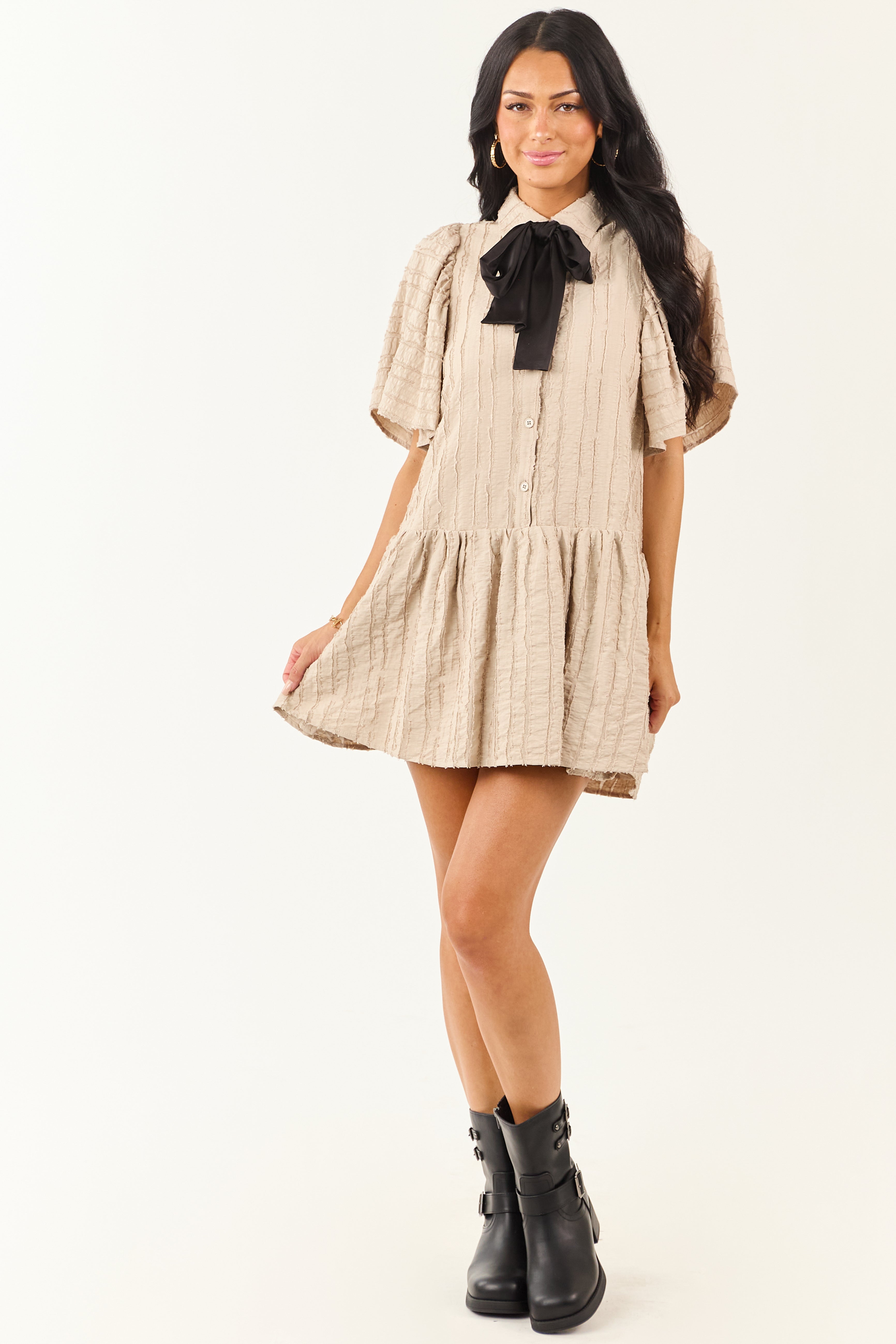 Oatmeal Frayed Textured Button Down Mini Dress