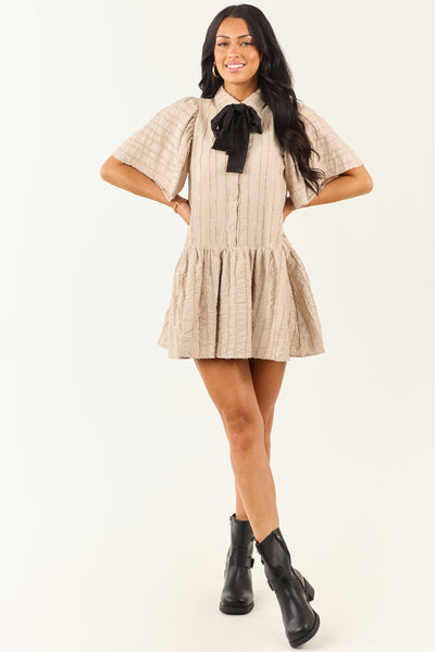 Oatmeal Frayed Textured Button Down Mini Dress