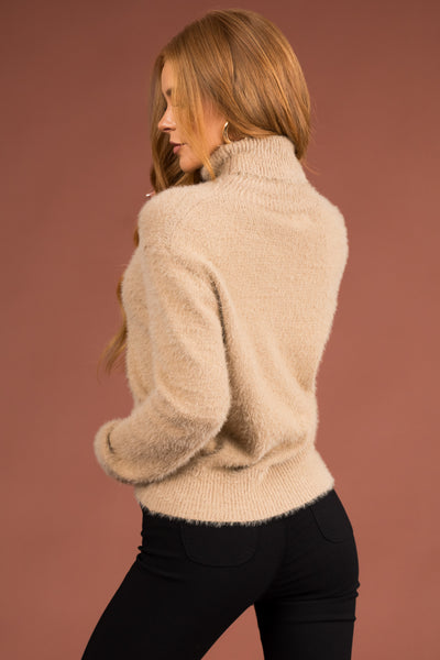 Oatmeal Fuzzy Long Sleeve Turtleneck Sweater