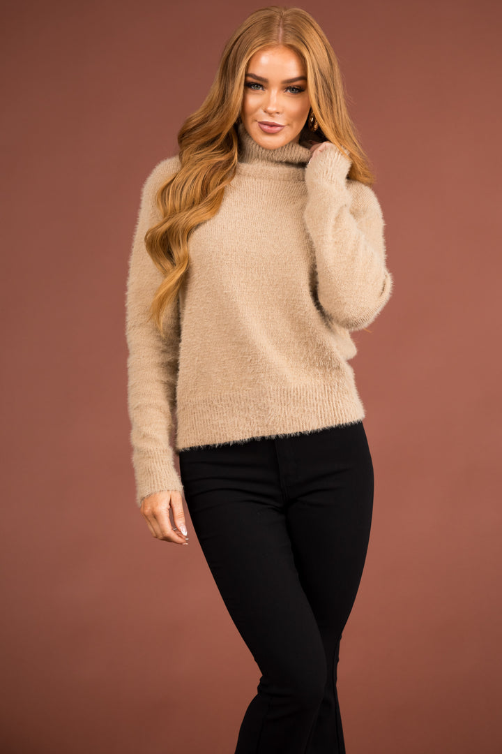 Oatmeal Fuzzy Long Sleeve Turtleneck Sweater