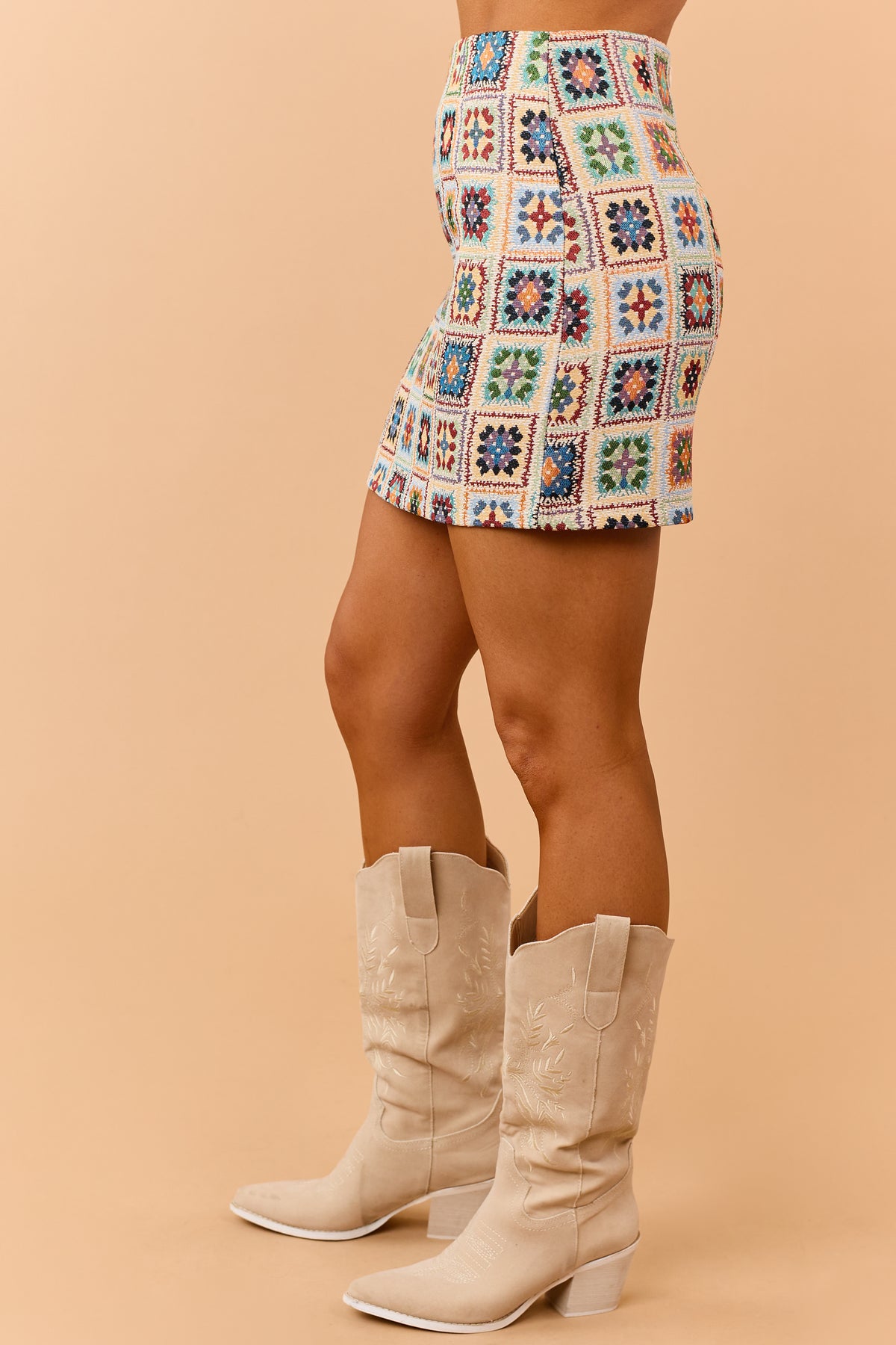 Oatmeal Geometric Pattern Tapestry Mini Skort