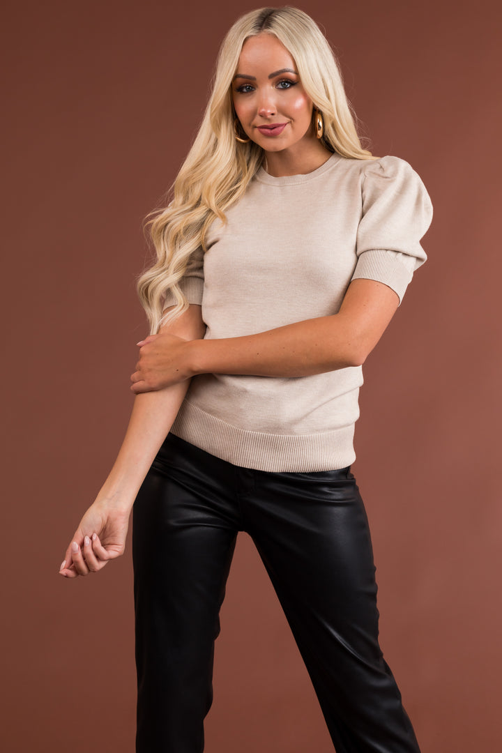 Oatmeal Half Puff Sleeve Ribbed Knit Sweater