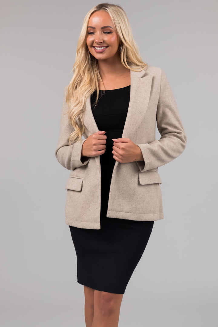 Oatmeal Open Front Collared Long Sleeve Blazer