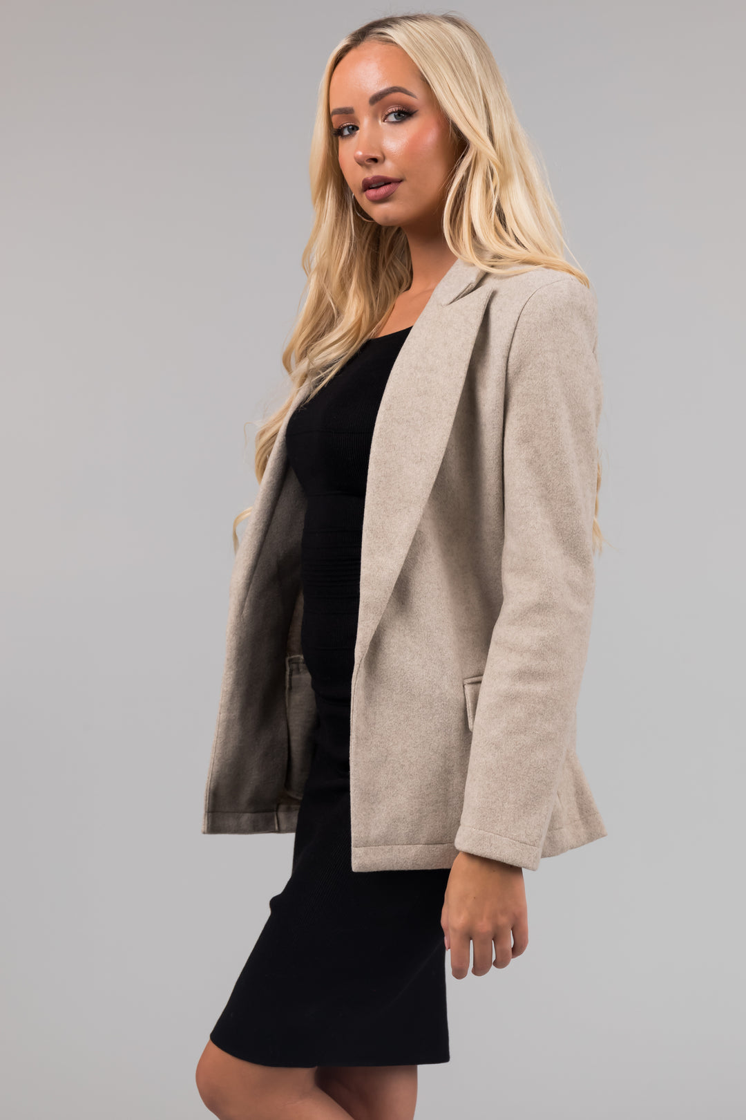Oatmeal Open Front Collared Long Sleeve Blazer & Lime Lush