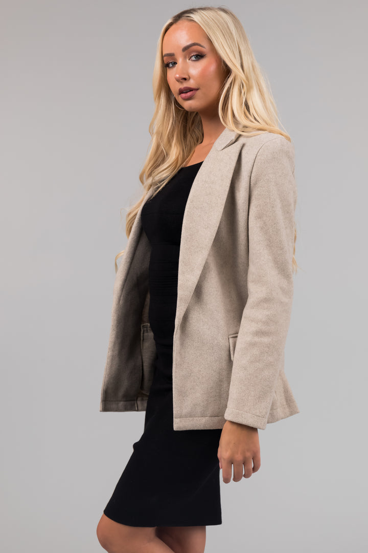 Oatmeal Open Front Collared Long Sleeve Blazer