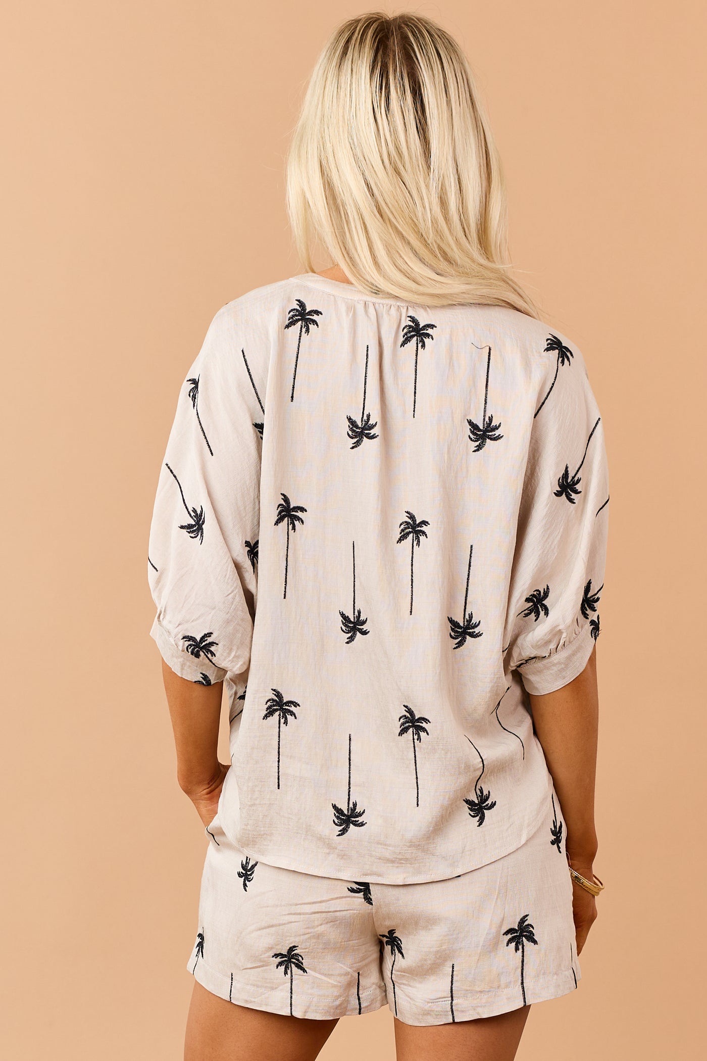 Oatmeal Palm Tree Embroidered Button Down Top